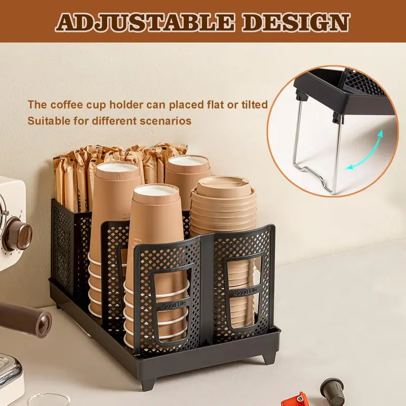 Cup and Lid Holder, Disposable Paper Cup Dispenser with Stand, 6 Slots Coffee Cup and Lid Storage Holder with Straw Organizer for Coffee Station Bar Office Home Countertop Breakroom Restaurant