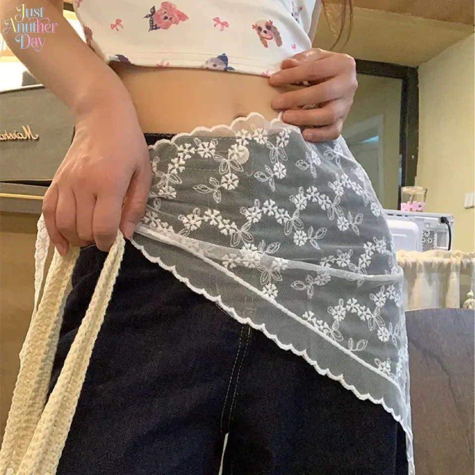 White Lace Triangle Puff Skirt Layering Pettiskirt for Women Multi-way Tie Band Headscarf 2 in 1 Waist Wrap Apron Irregular Mesh Floral Embroidery Cover Hip Skirt Slim Fit Peplum Outfit Layering Essential Y2K Korean Aesthetic Atmosphere Fashion Accessory