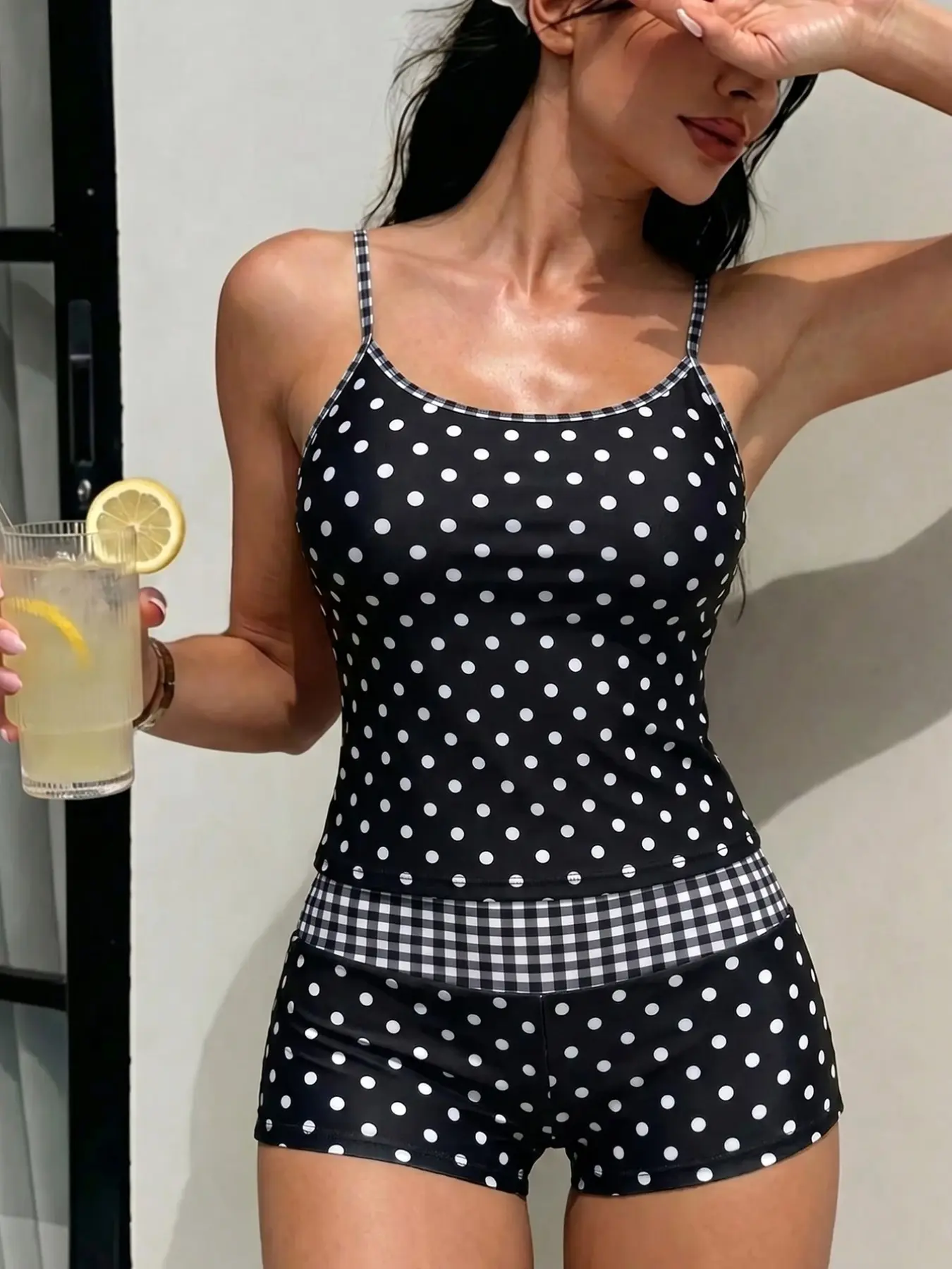 Women's Two-Piece Tankini Set, Tankini With Shorts, Thin Strappy Top + Plaid High-Waisted Shorts, Polka Dot Design, Beach Pool Spa Wear