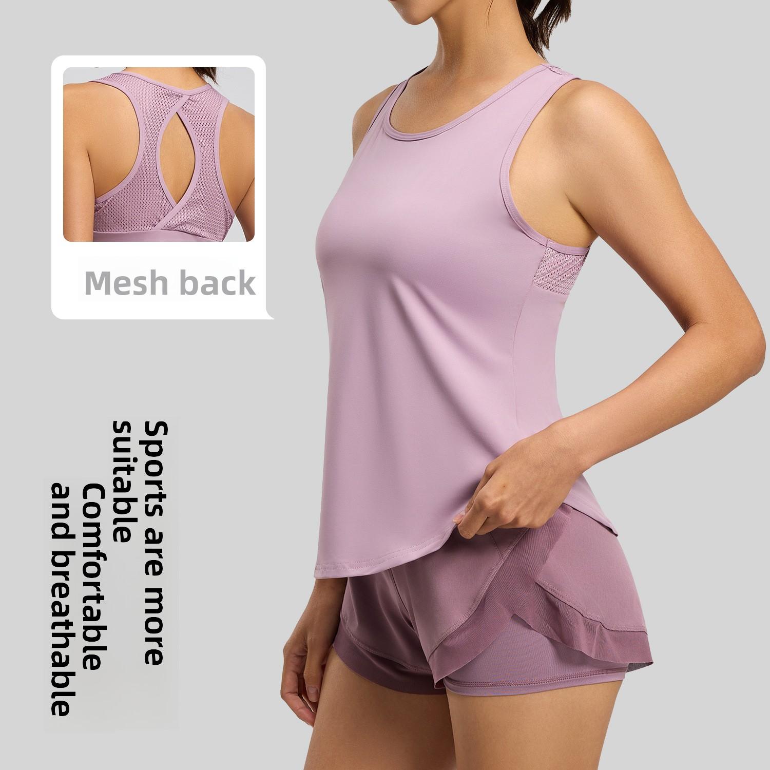 Summer wear loose running fitness yoga thin hollow mesh sleeveless women's sports vest Backless Halter Crop Top Set