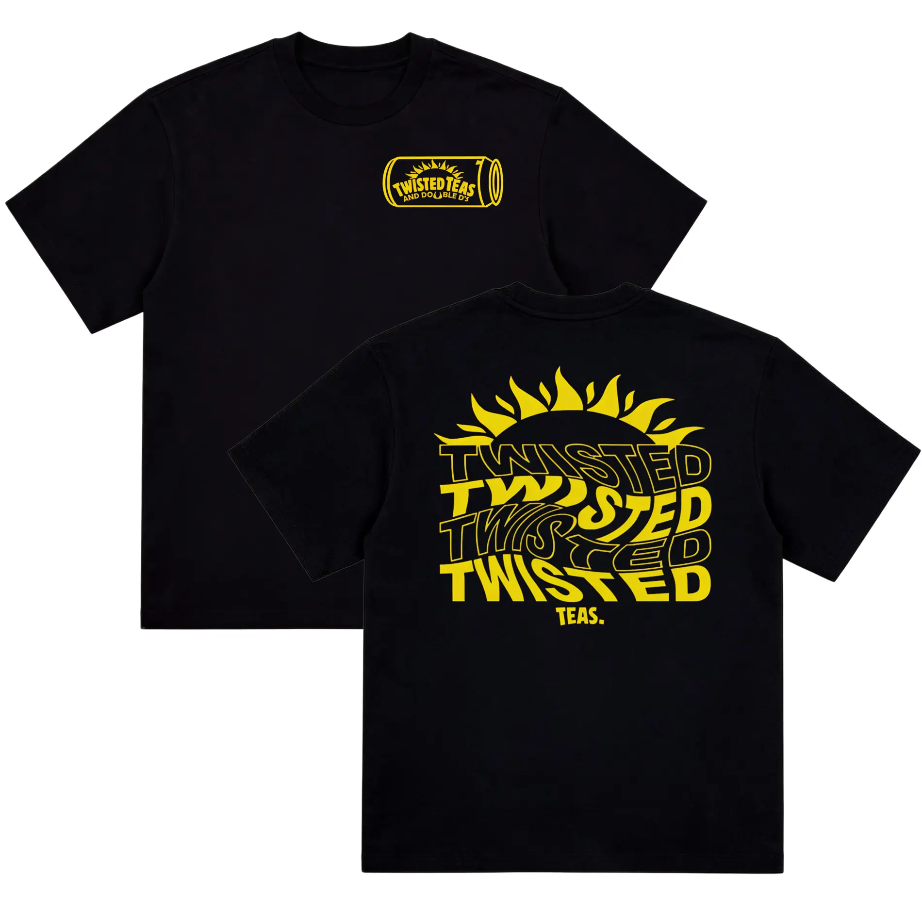 Twisted Twisted Twisted Teas Bright Yellow Sun Wavy Repeat Text Back Graphic T-Shirt, Fan Inspired Summer Party Streetwear Tee, Beach Vacation Casual Oversized Short Sleeve Top For Men Women