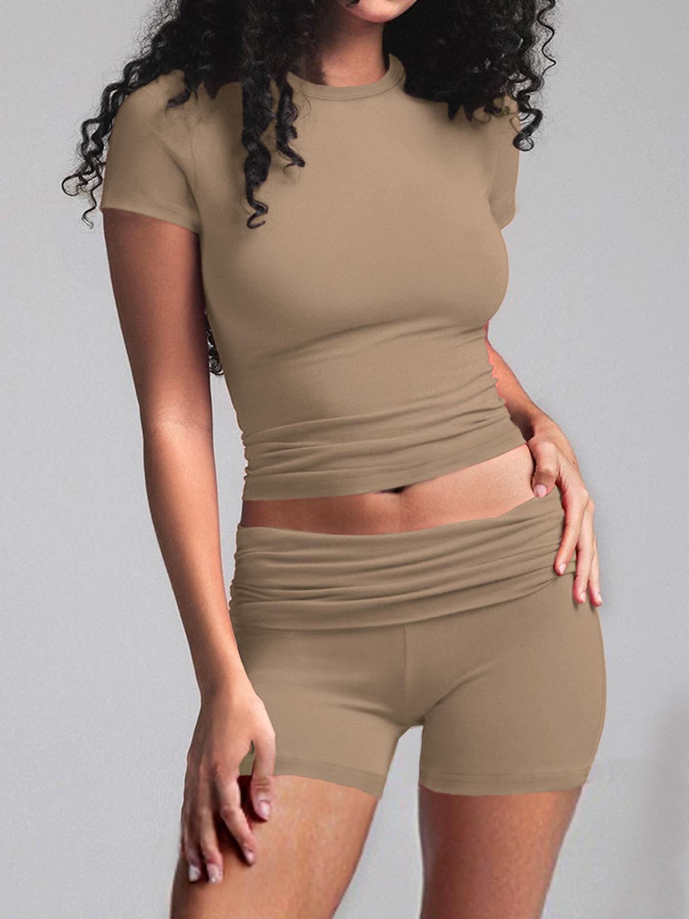 Women's Solid Color Modal Loungewear Set, Casual Comfy Round Neck Short Sleeve Top & High Waist Shorts Pj Set, Ladies Sleepwear for All Seasons, Casual Pajamas Outfit