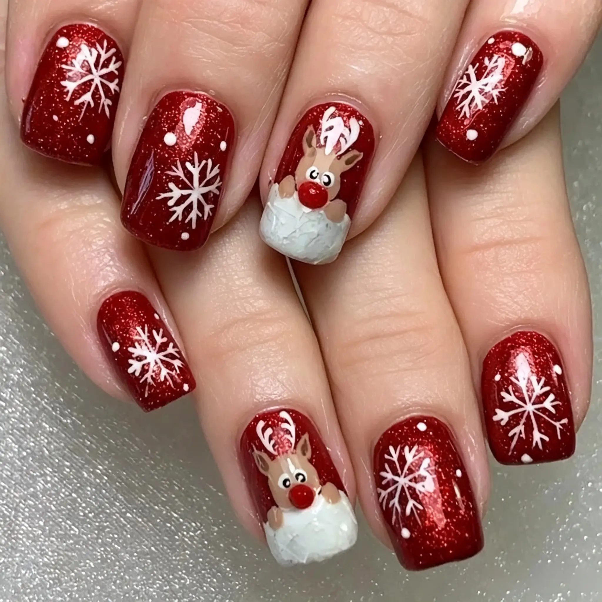 24pcs Christmas Reindeer Snowflake Nail Art Stickers, Medium Square Nails, Jelly Glue Included, Perfect for Daily Wear, Parties, Dates