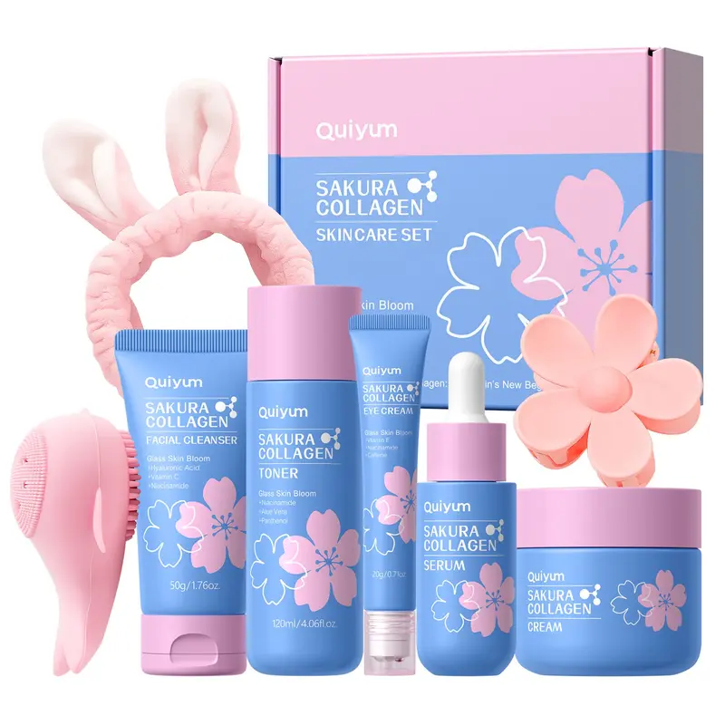 QUIYUM Sakura Collagen Skincare Set - Facial Care Set, 8-Piece Glass Skin Routine with Cleanser, Toner, Serum, Eye Cream, Moisturizer | Moisturizing, Hydration, Firm, Glow for All Skin Types, Skin Care Gift Sets