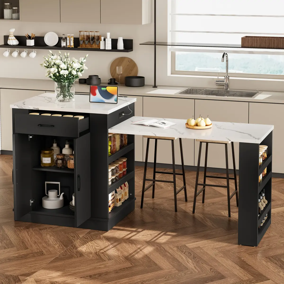 Extendable island console with drawers, double-door cabinet, and open shelving.Serves as dining table, temporary breakfast bar, and afternoon tea lounge
