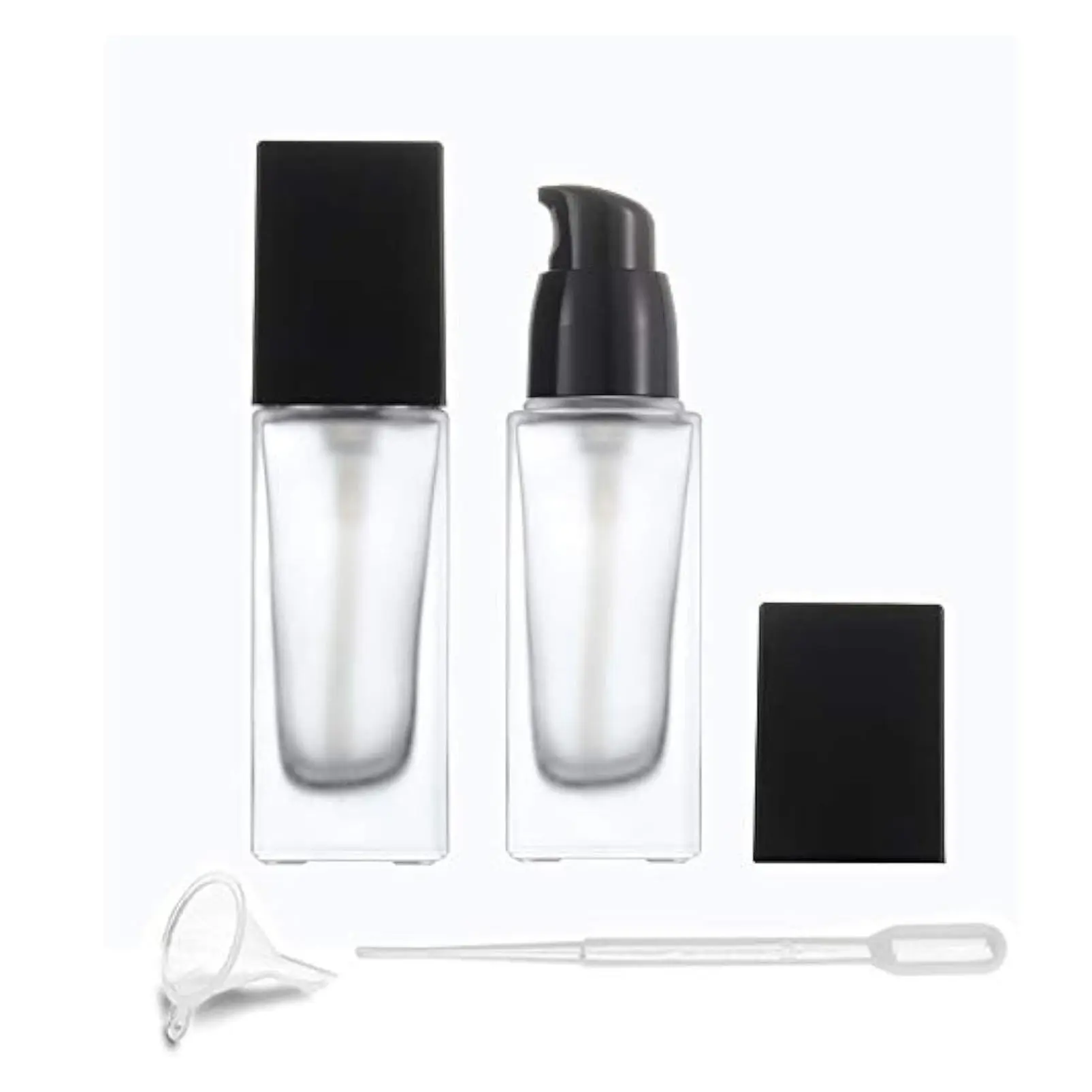 2 Pack 30ml/1 Oz Empty Refillable Frosted Glass Foundation Bottles, Square Lotion Bottles with Press Pump for Lotion, Liquid, Body Cream, Cosmetic Travel, Foundation Samples - Pipette & Funnel IncludedGift
