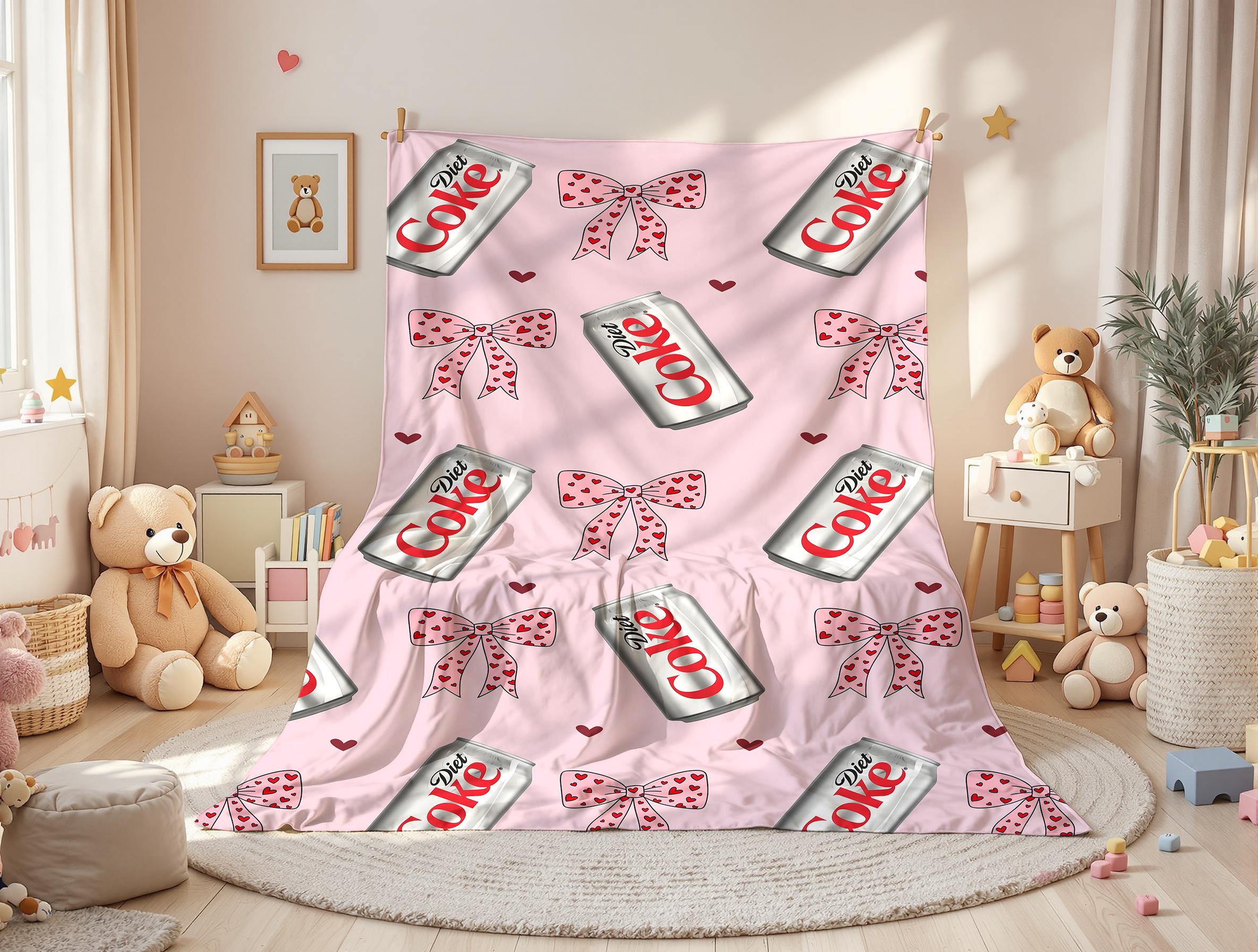 Diet Coke Original Flavor Pink Bows with Red Hearts Flat Velvet Blanket Soft Office cozy lightweight soft fluffy decorative giftable fluffy Gift