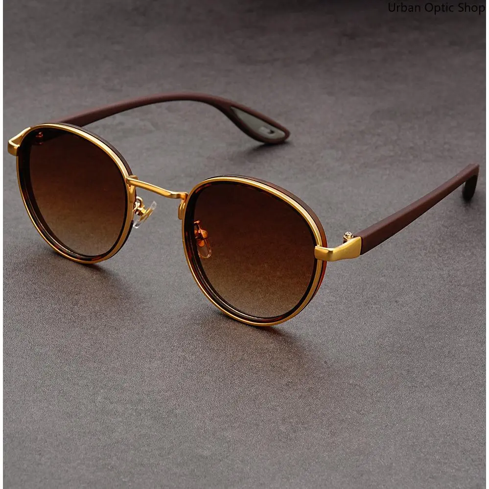 XUH Retro Round Shape Sunglasses - Single Pair, Gold Metal Frame, Gradient Brown Lenses, Brown Temples, Nylon TR90 Vintage Fashion Eyewear for Daily Wear, Gradient Lenses, All Seasons, Casual, Sun Protection