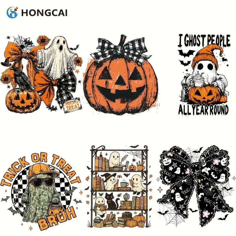 6pcs Halloween Retro Hand Drawn Heat Transfer Set Classic Ghost Pumpkin Crow Witch Hat Bow Tie Iron On Patches for Clothing Bags Decor Trick Or Treat