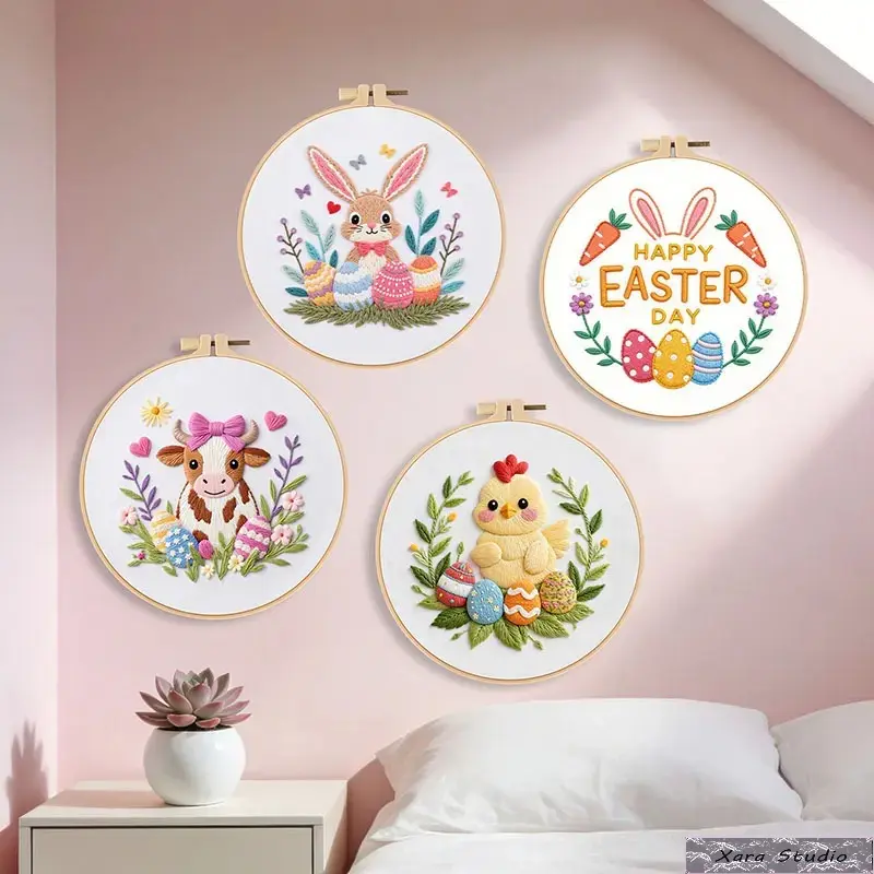 Embroidery Kit for Beginners, Spring Floral Bunny Cross Stitch Set with Printed Fabric, Hoop & Threads - DIY Easter Gift & Home Decor