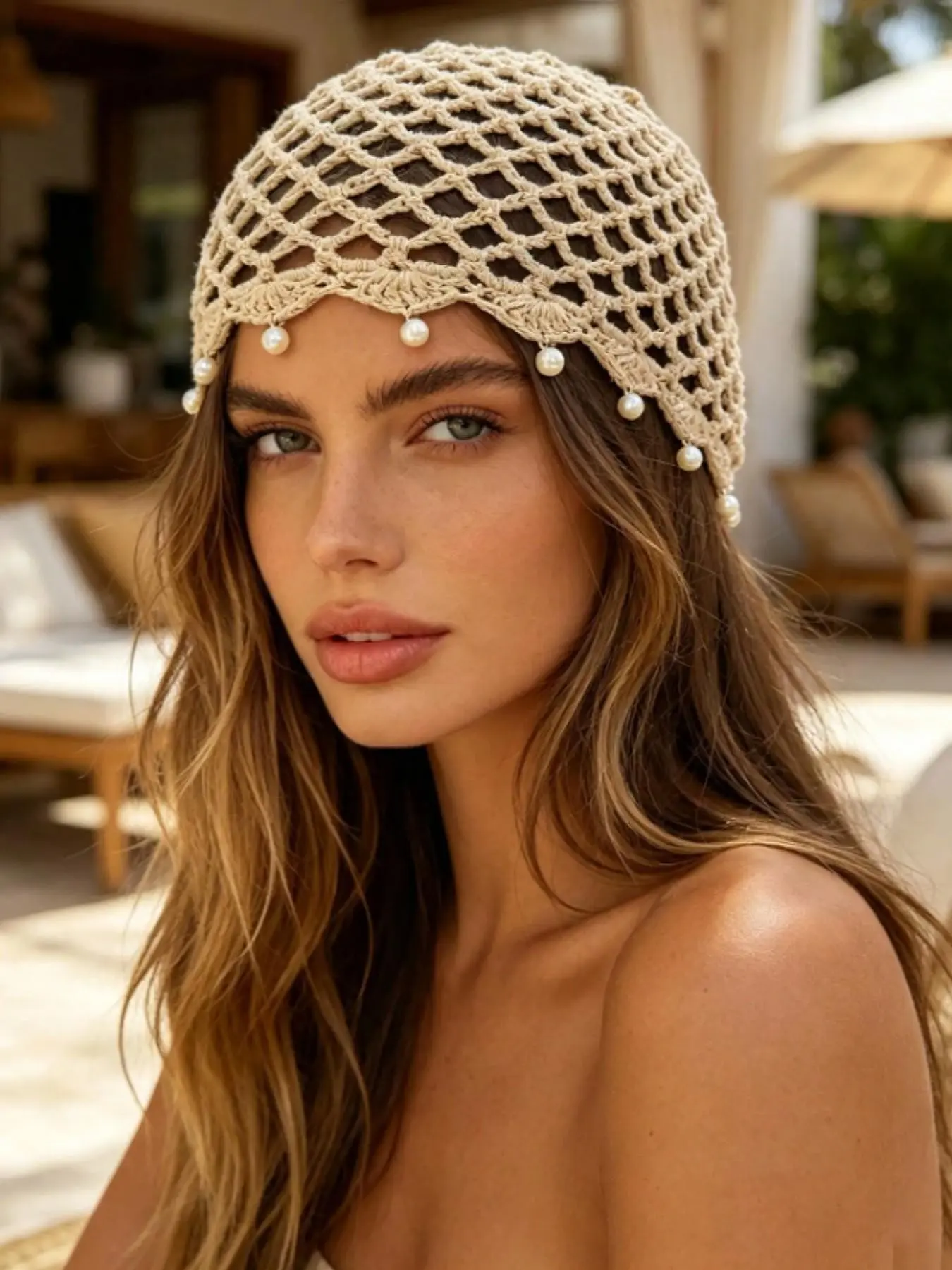 1 Vintage Hollow Knit Hat with Pearl Pendant, Mesh Headscarf Cap, Boho Style, Elegant & Fashionable, Fashion Beanie, Fashionable Hats, Ideal for Daily Outfits & Fashion Parties