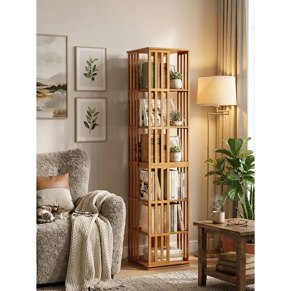 Littleox Rotating Bookshelf Tower, 360° Display Spinning Bookcase, 6 Tier Bamboo Bookshelf Floor Standing Storage Rack, Wood Narrow Book Shelf Organizer for Kids Adults (BROWN)