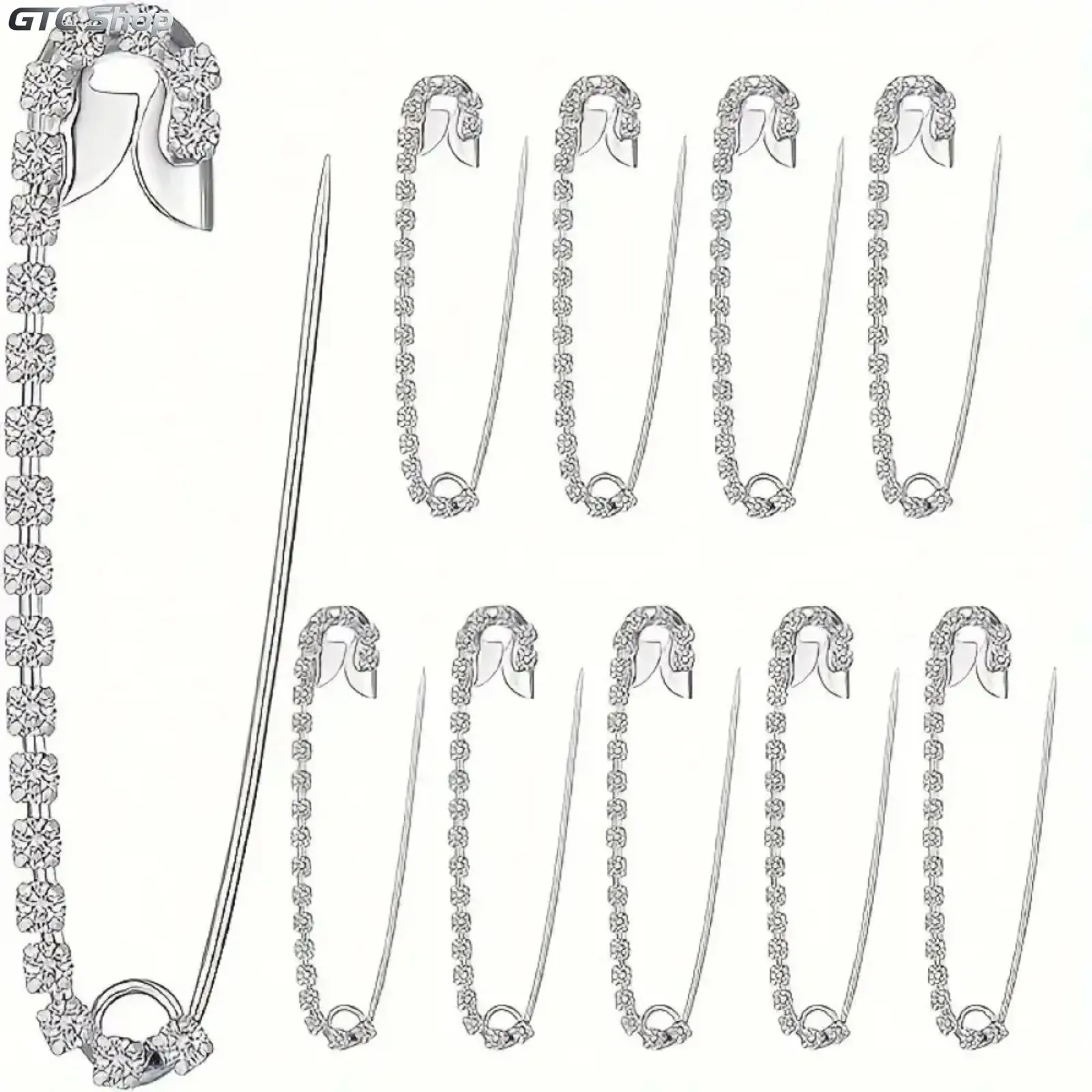 10Pcs Silvery Rhinestone Decorative Safety Pins, Durable Sewing Pins for Handicrafts & Knitting Art Projects, Silver‑Gray Sparkly Craft Hardware for DIY Creation & Embellishment