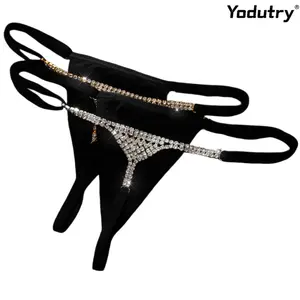 Yodutry Women Sparkling Rhinestone Crystal G String Thong Panties 2 Pack Gold Silver Diamond Chain Low Rise Soft Black Lingerie Underwear For Night Club Party Beach Bikini Bottom