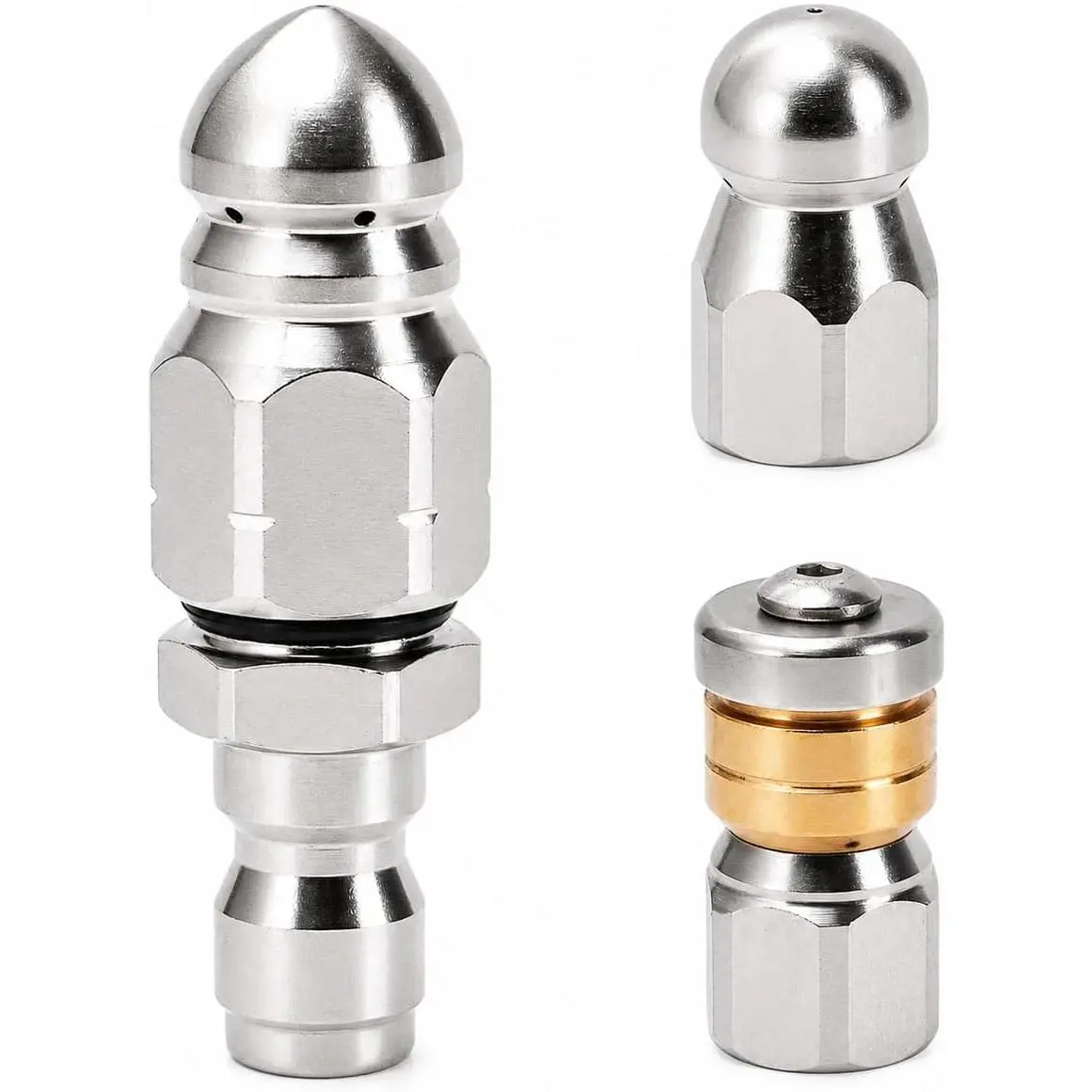 Sewer Jetter Nozzle Kit, 3-Pack Stainless Steel Jet Nozzles with Rotating, Button Nose, and Fixed Models, 1/4” Quick Connect, Up to 5000 PSI for  Washer Drain Cleaning