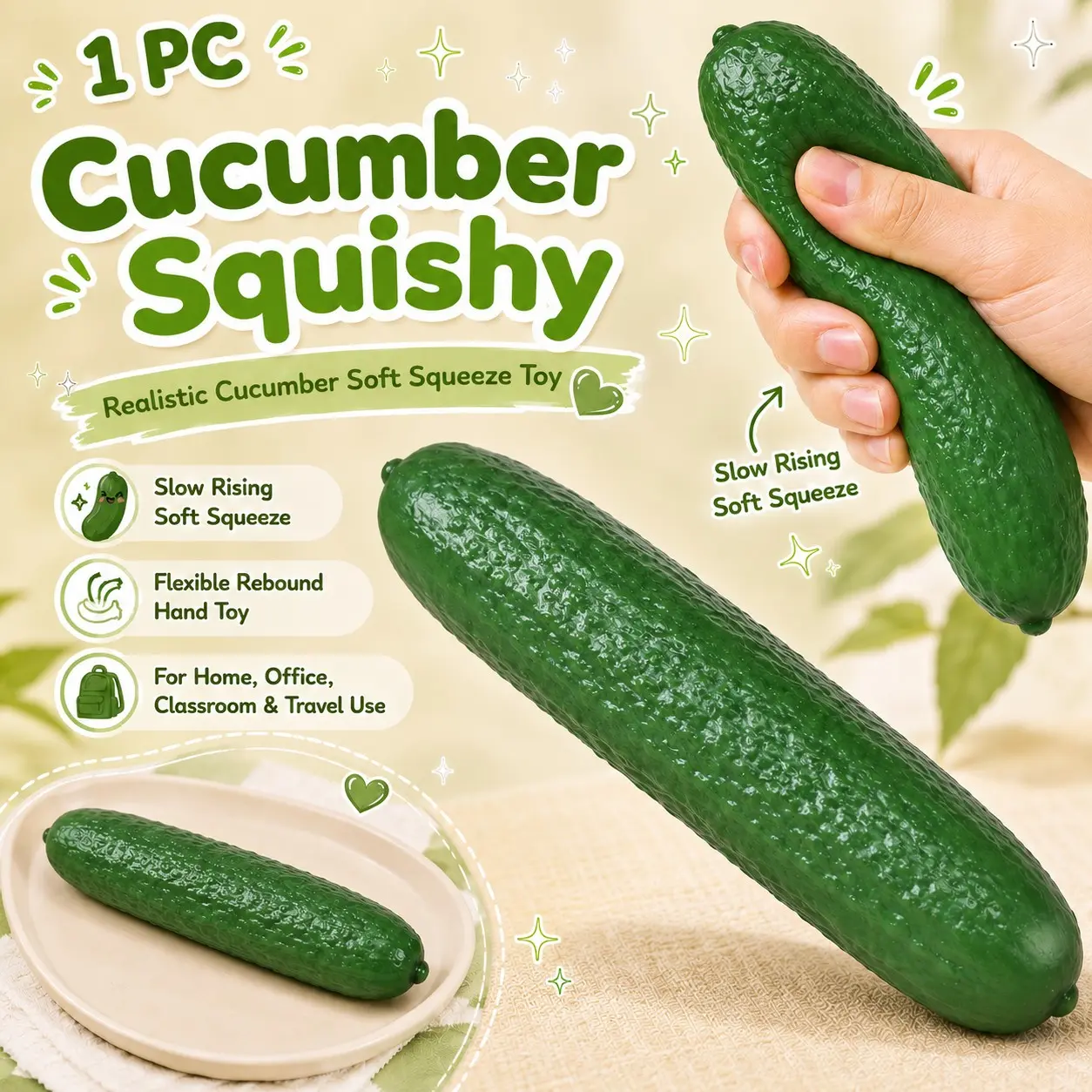 1PCS Pickle Squishy Stress Relief Toys, Realistic Pickle Stress Relief Toy, Slow Rising Soft Squeeze Sensory Fidget, Squishy Sensory Play, Flexible Rebound Hand Toy, Stress Relief Fidgeting, Sensory Fidget Gift for Home Office Classroom Travel Use
