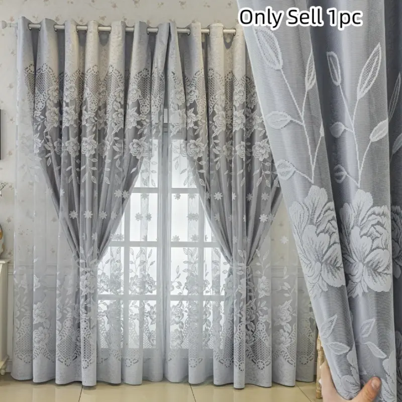 1pc Vintage Double-Layer Embroidered Sheer Curtain, Window Sheers, Durable Sheer Fabric, Elegant Embroidery Texture, Enhance Living Room Bay Window Aesthetic
