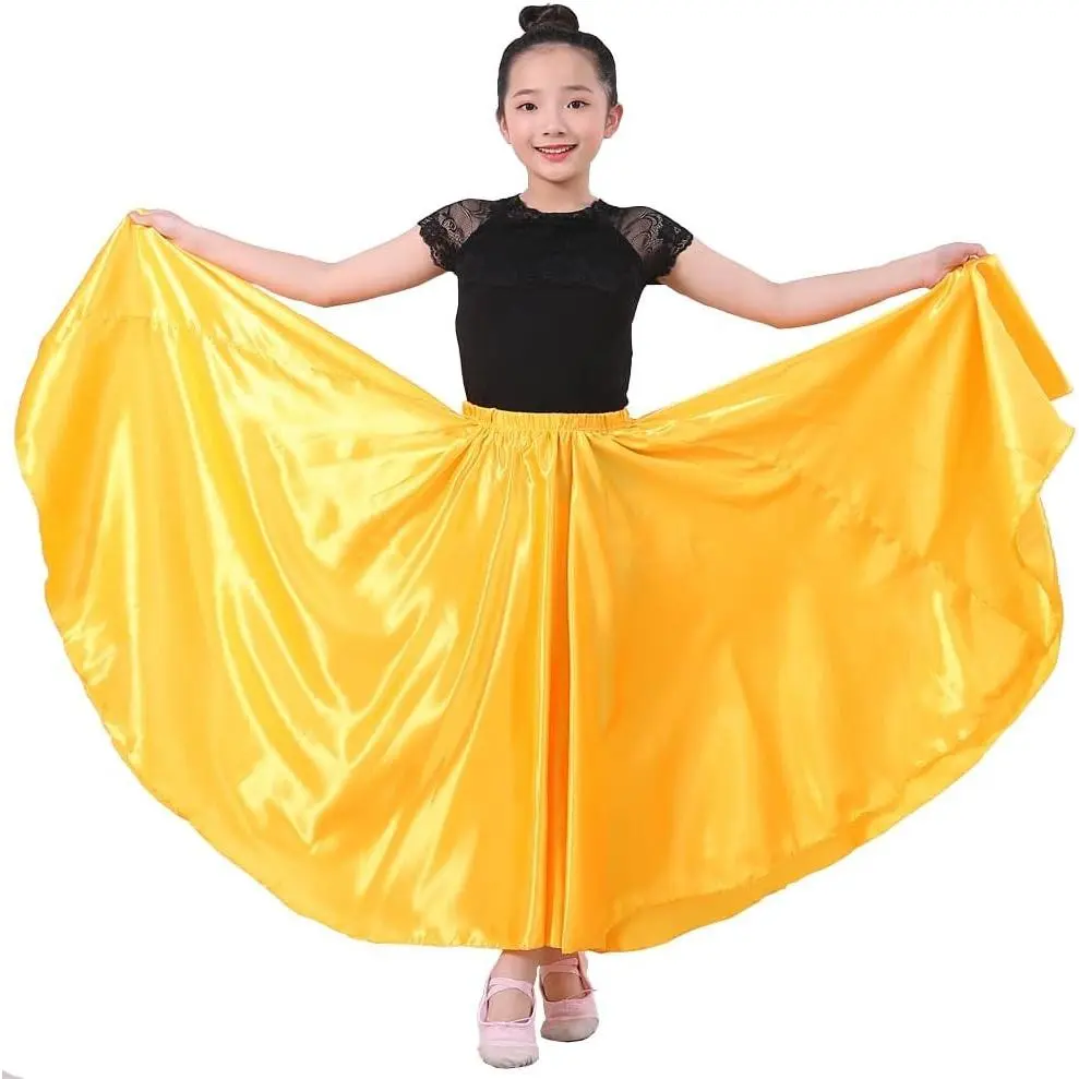 Girls Satin Full Dancing Circle Long Flowy Dance Skirt | Belly Dance, Flamenco, Classical Dance, Folk Dance