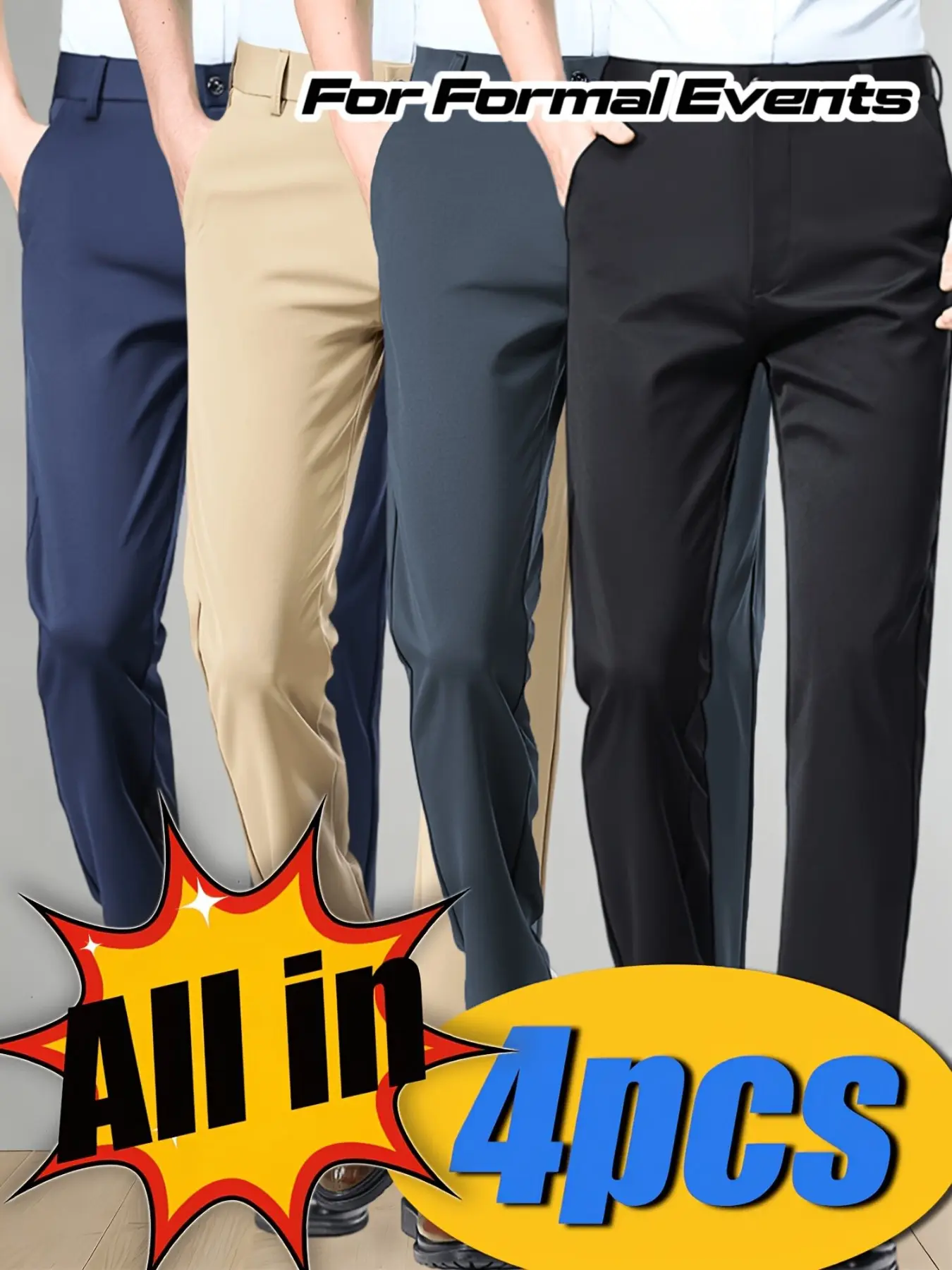 Men's 4-Piece Set Breathable Wrinkle-Resistant Fitted Stretch Dress Pants, Modern Business Casual Straight Leg Trousers, Interview Work Pants, Stretchy