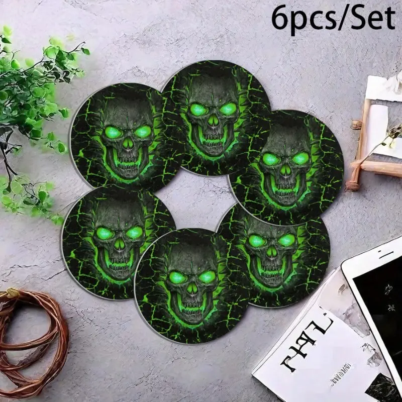 6-Piece Round Shape Glowing Green Crack Skull Non-Slip Heat-Insulation Car Cup Coasters, Gothic Auto Interior Decor Accessories for Coffee, Water, Tea Mugs, Circular