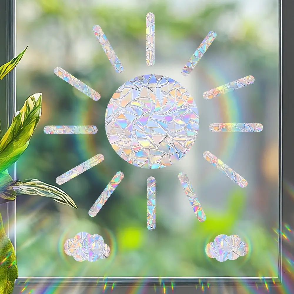 Sun and Cloud Rainbow Window Stickers, Window Clings For Glass Windows, Reusable Prismatic Film to Prevent Birds Strike 16mil Static Cling PVC for Smooth Glass Surfaces, Suncatcher Stickers, Rainbow Light Catcher Decoration, Home Decor, Decorative Sticker