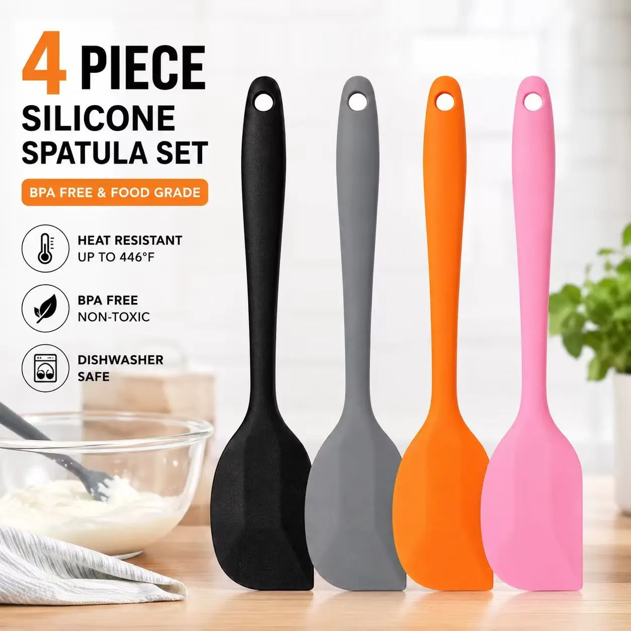 4 PCS Silicone Spatula Set – Heat Resistant Food Grade Scraper, Non-Stick Kitchen Spatulas Cooking Gadgets for Mixing, Baking, Cooking & Jar Scraping