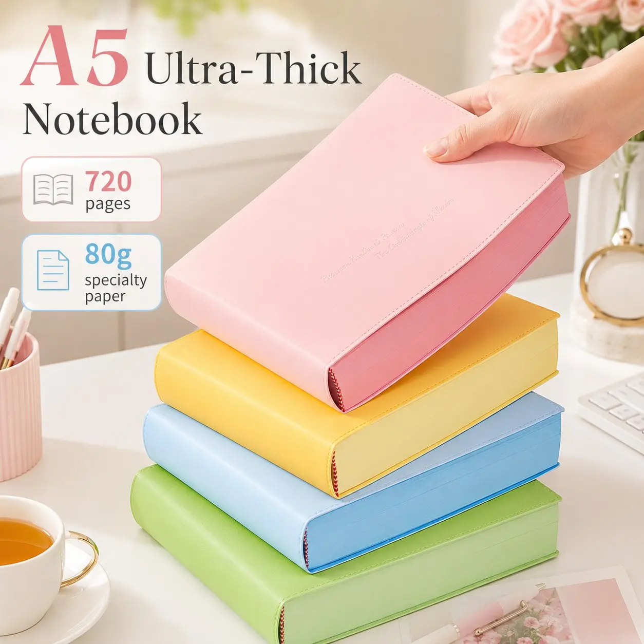 [Back to School] A5 Super Thick Dopamine Notebook Set, 4.5cm Thick 720 Pages, Soft PU Leather Cover, 80 GSM Colored Pages with White Ribbon Bookmark, for Journal, Study, Daily Diary, Travel Journaling, Healing, Perfect Gift for Students and Writing Lovers
