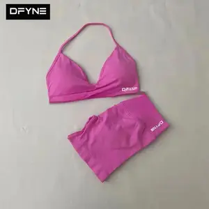 DFYNE Seamless Halter Neck Shorts Set | Plunge Triangle Sports Bra, 2 Piece High Waisted Biker Shorts Workout Outfit