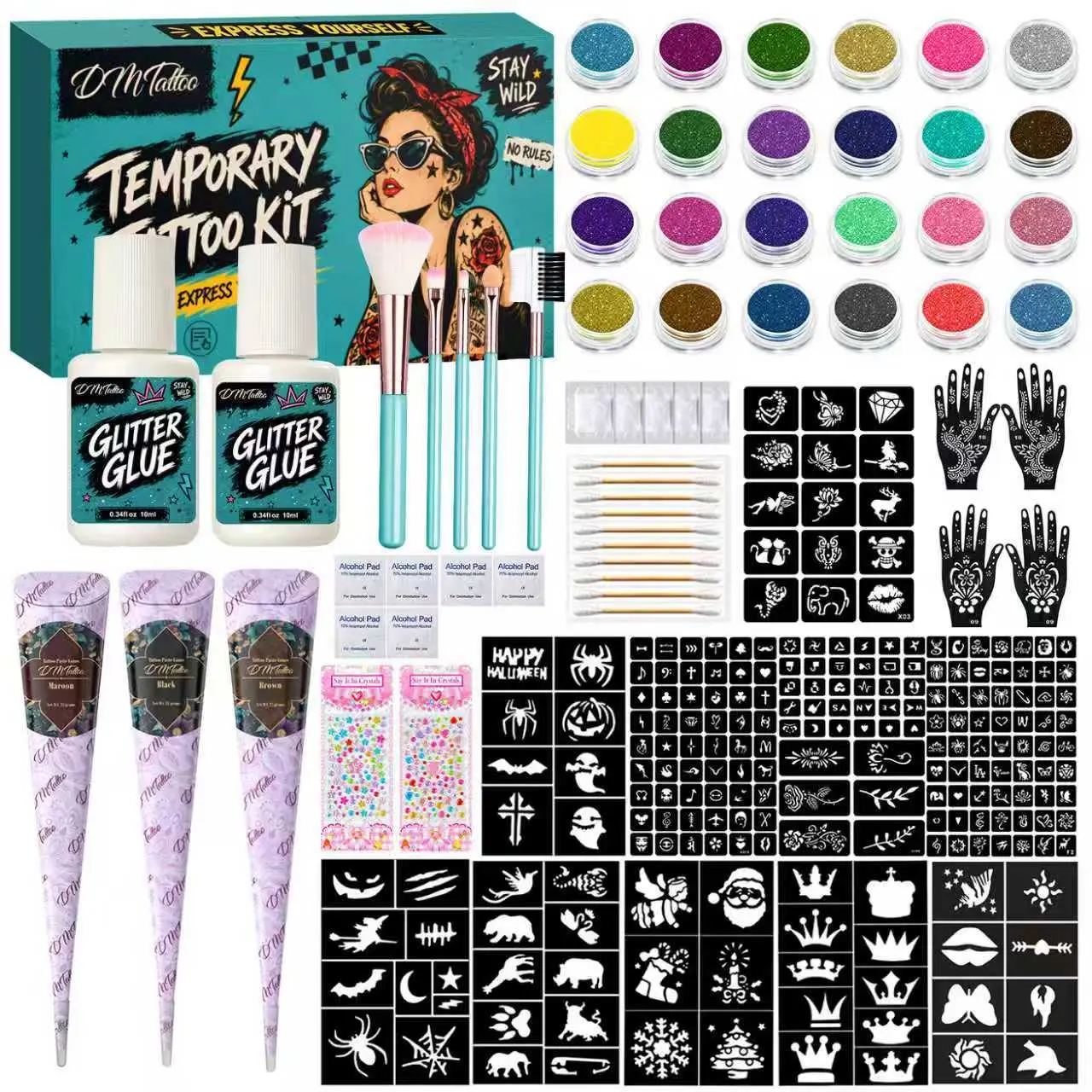 Temporary Tattoo Kit Glitter Henna Cones Stencils Brushes Set DIY Body Art Halloween Party Temporary Tattoo Supplies