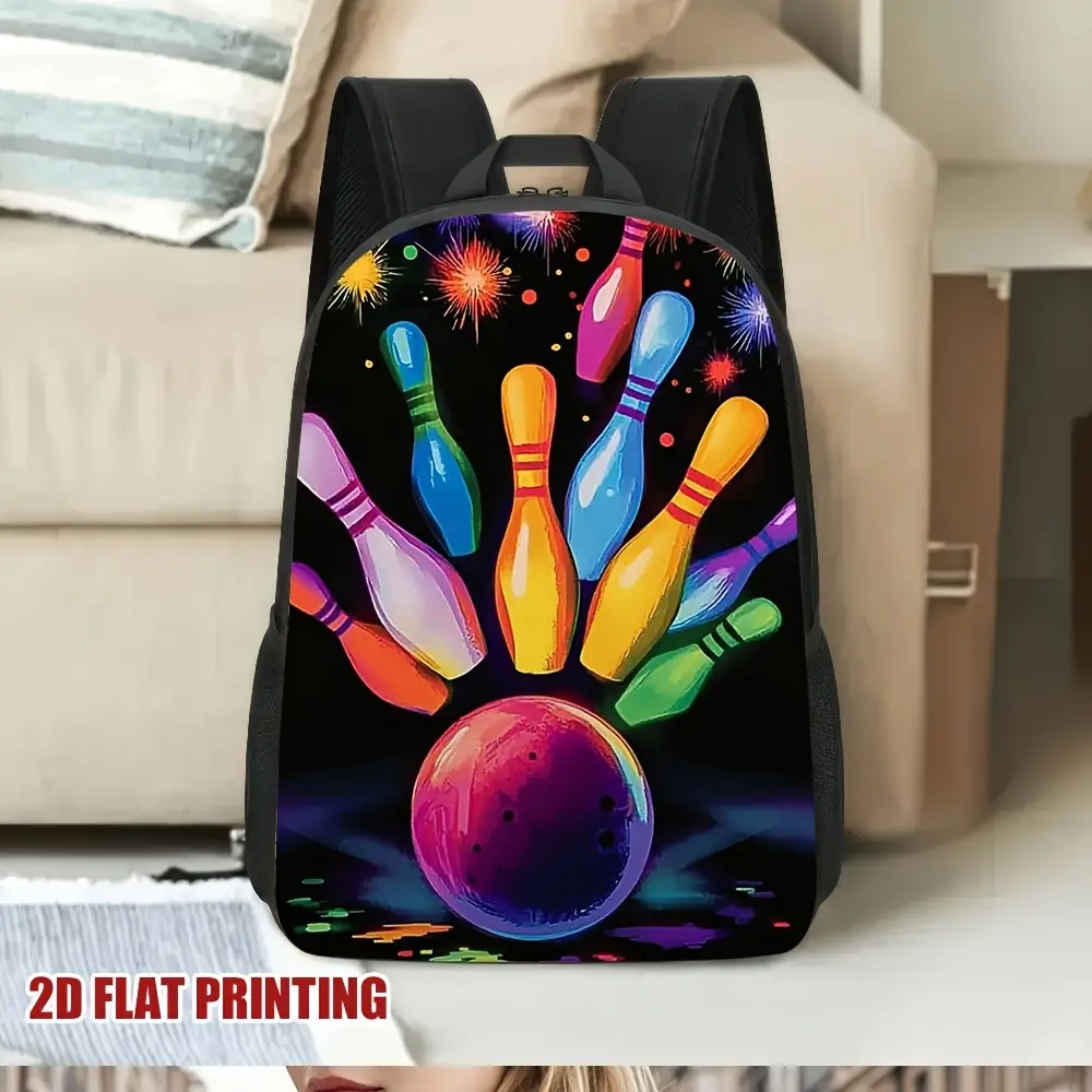 1pc Vibrant Bowling Backpack with 2D Flat Print – Lightweight, Large Capacity, Adjustable Straps, Side Pockets, Colorful Bowling Ball & Pin Design, Perfect for School, Travel, Work, and Gifts, Backpack for Travel, Work Bag, Playful Design, Durable Zipper