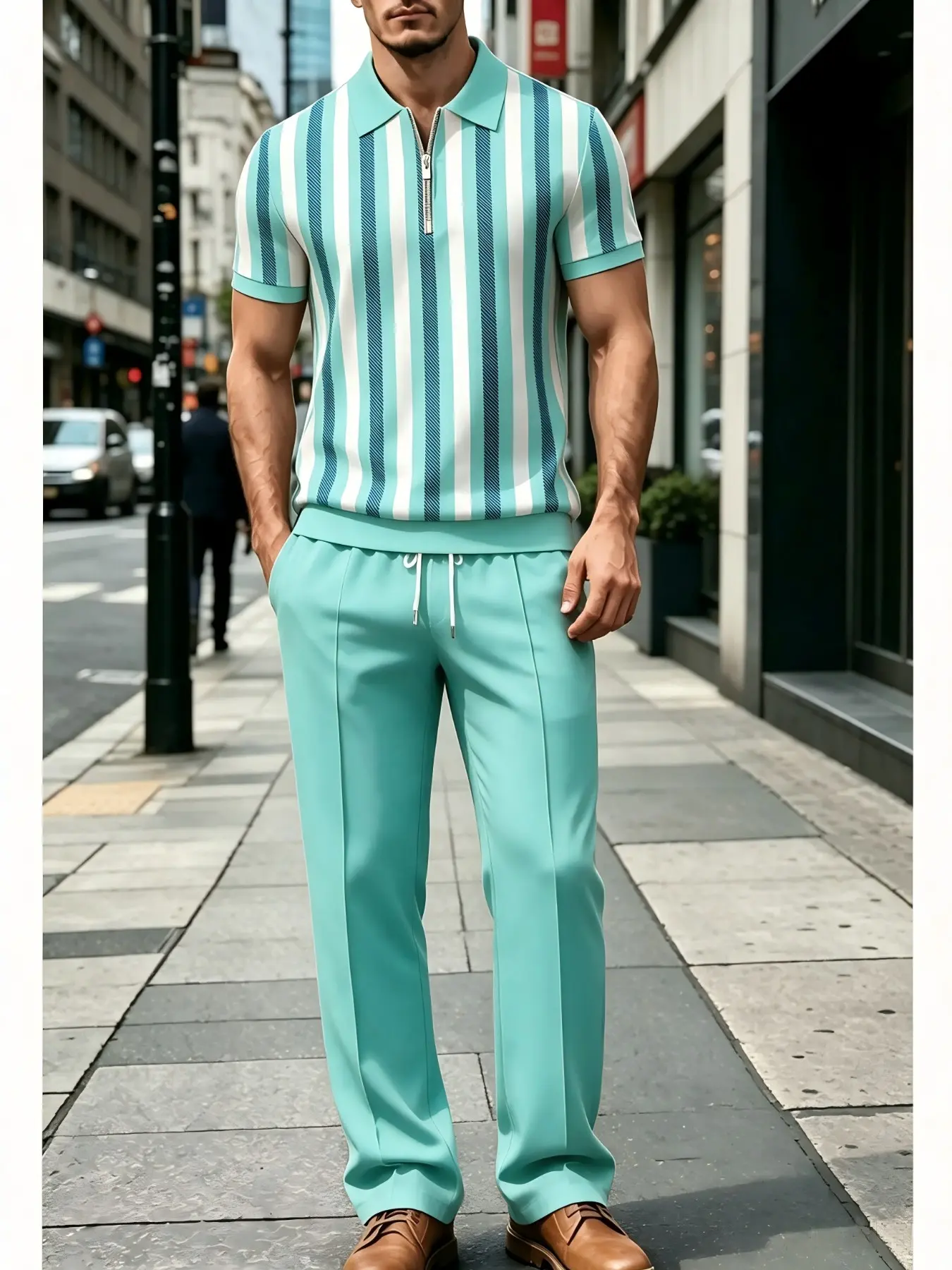 Men's Half-Zip Polo Two-Piece Set, Trendy All-Over Print Short Sleeve Polo + Drawstring Long Pants, Casual Streetwear Sport Suit