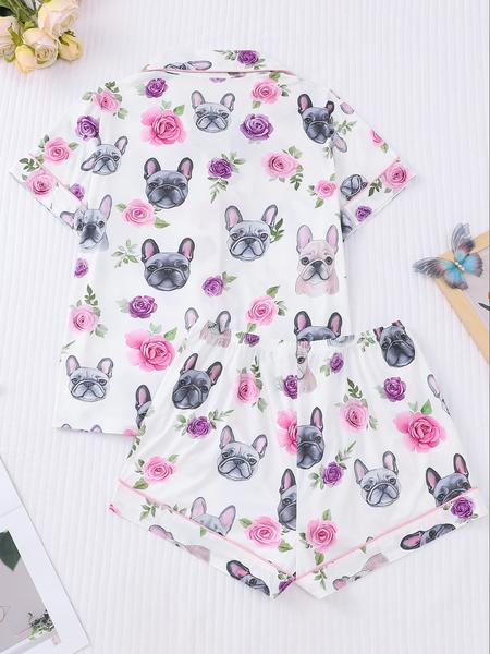 Women's  Dog and Floral  Print Shirt & Elastic Waist Shorts Pyjama Two-piece Set, Casual Comfy Short Sleeve  Top & Shorts Pj Set, Ladies Loungewear Sleepwear for All Seasons