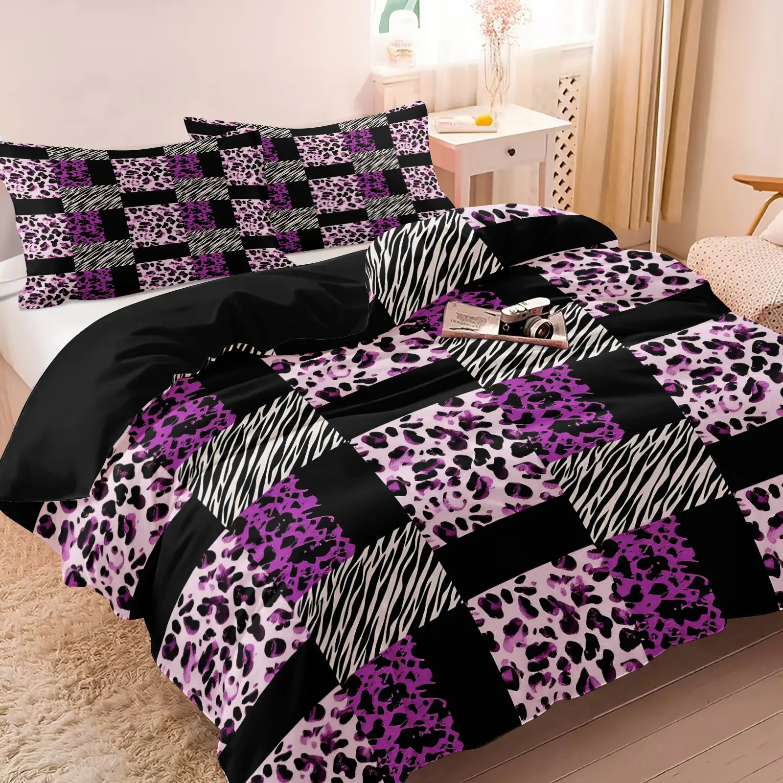 3Pcs Purple Zebra Leopard Patchwork Duvet Cover Set, Includes 1 Cover + 2 Pillowcases, Vibrant Y2K Aesthetic Bedding Set, Soft Breathable Lightweight Fabric, Mixed Purple Leopard Zebra Patchwork Print, Perfect For Teens Adults Bedroom & Dorm