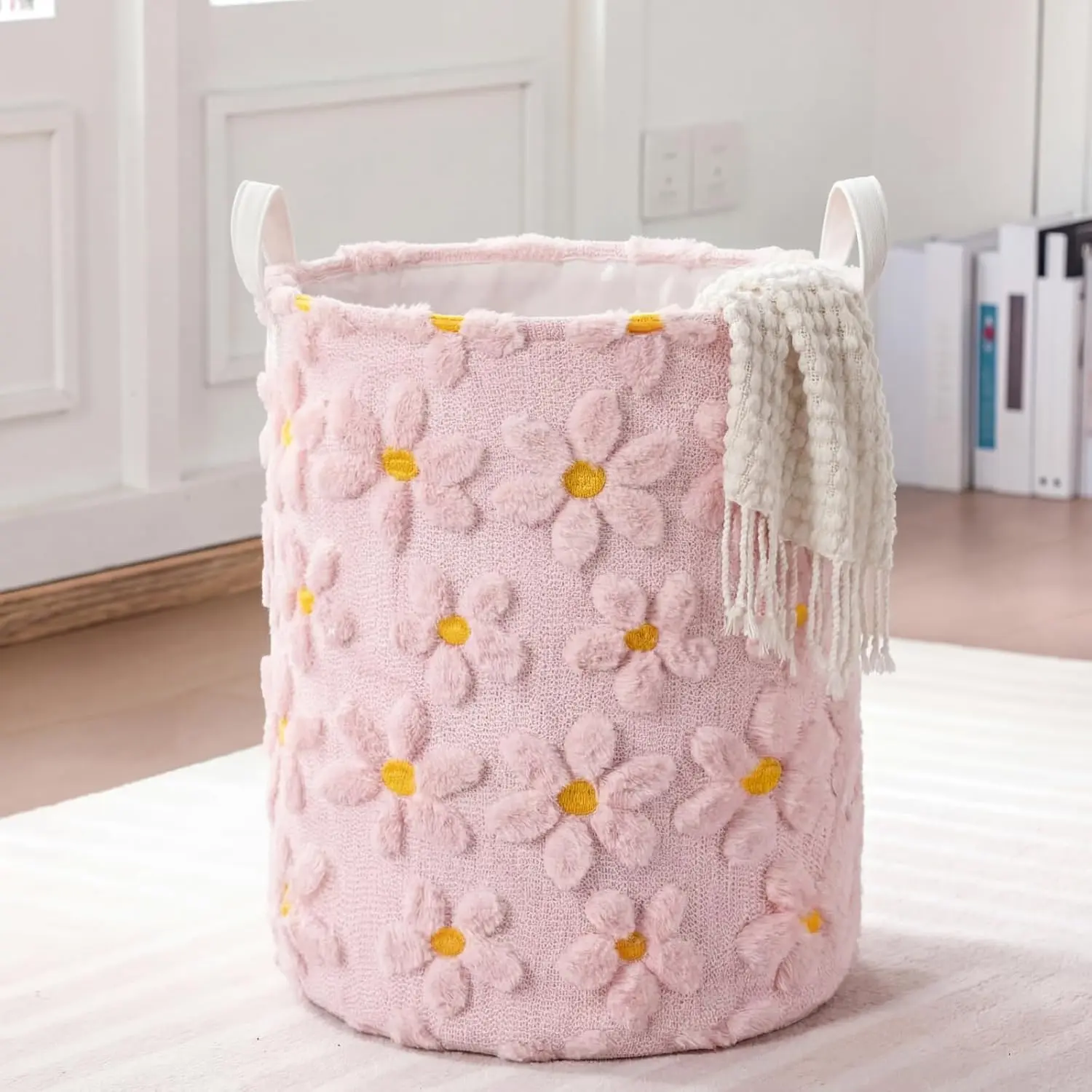 Blushtier 1 Pc Pink Daisy Laundry Hamper Girls Room Decor Coquette Pink Daisy Plush Faux Fur Basket Kids Large Storage Basket Collapsible Organize Bins for Gifts Toys Blanket Clothes Nursery Bedroom