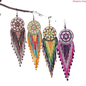 Handmade Dreamcatcher Earrings, bohemian round disc earrings with colorful tassels and seed beads, chic woven dangle jewelry, lightweight stylish ornaments for daily wear, festivals and boho outfit matching