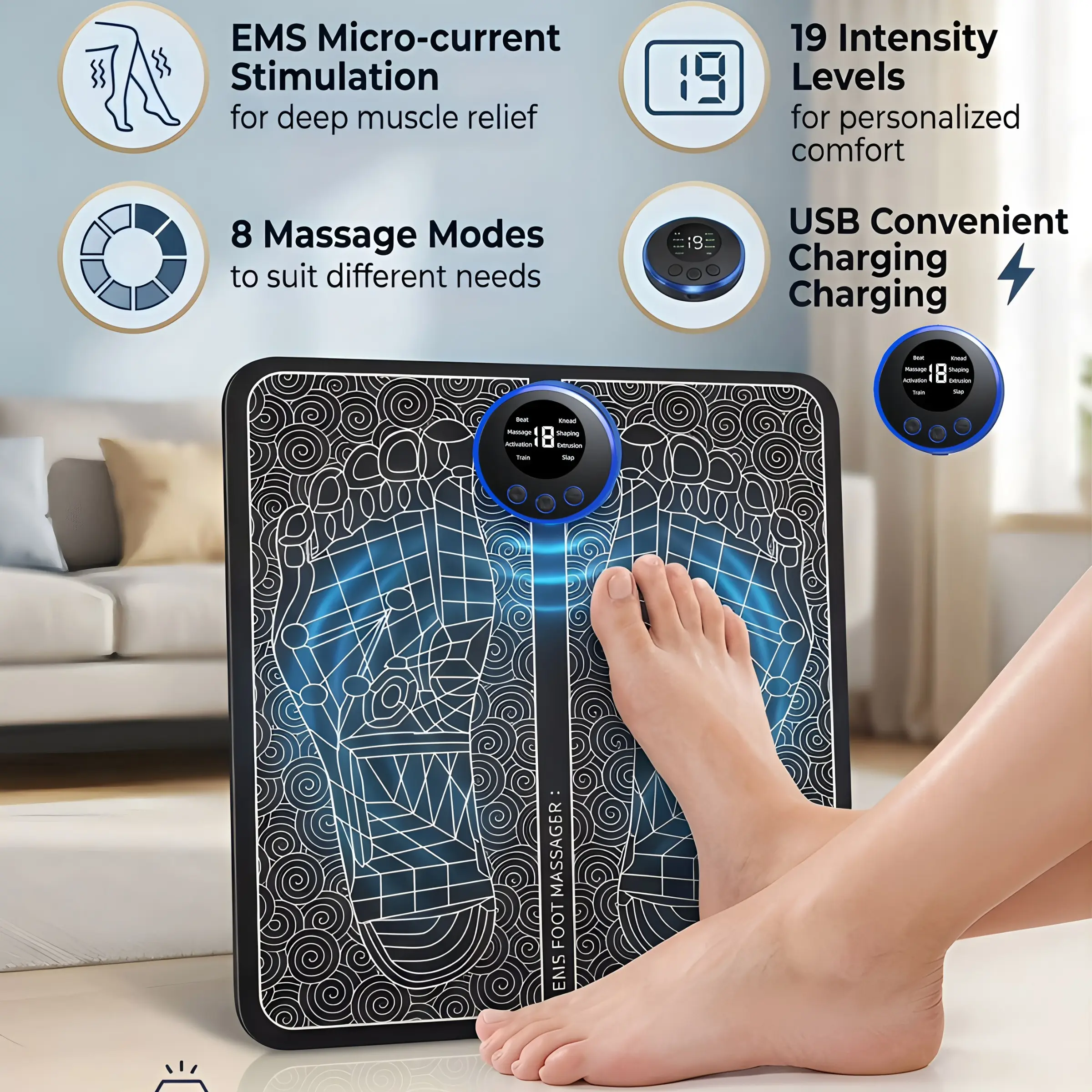 EMS Foot Massager Rechargeable Massage Pad, Electric Foot Relaxer, Promotes Circulation, Portable Foot Care Tool, Ideal for Home Use, Portable Massagers