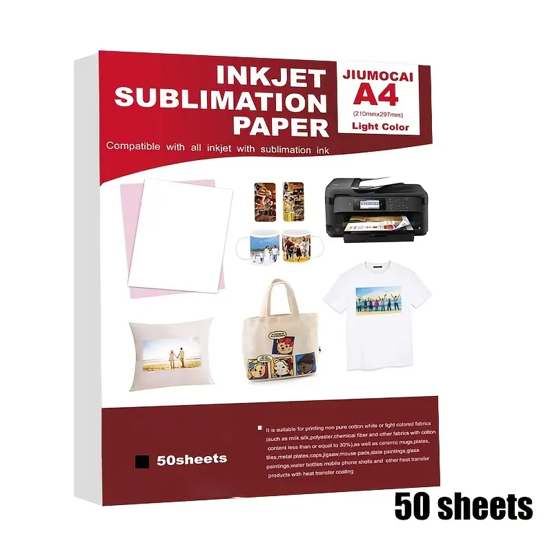 50 sheets of A4 sublimation transfer paper. Suitable for Epson HP Canon Sawgrass inkjet printer.