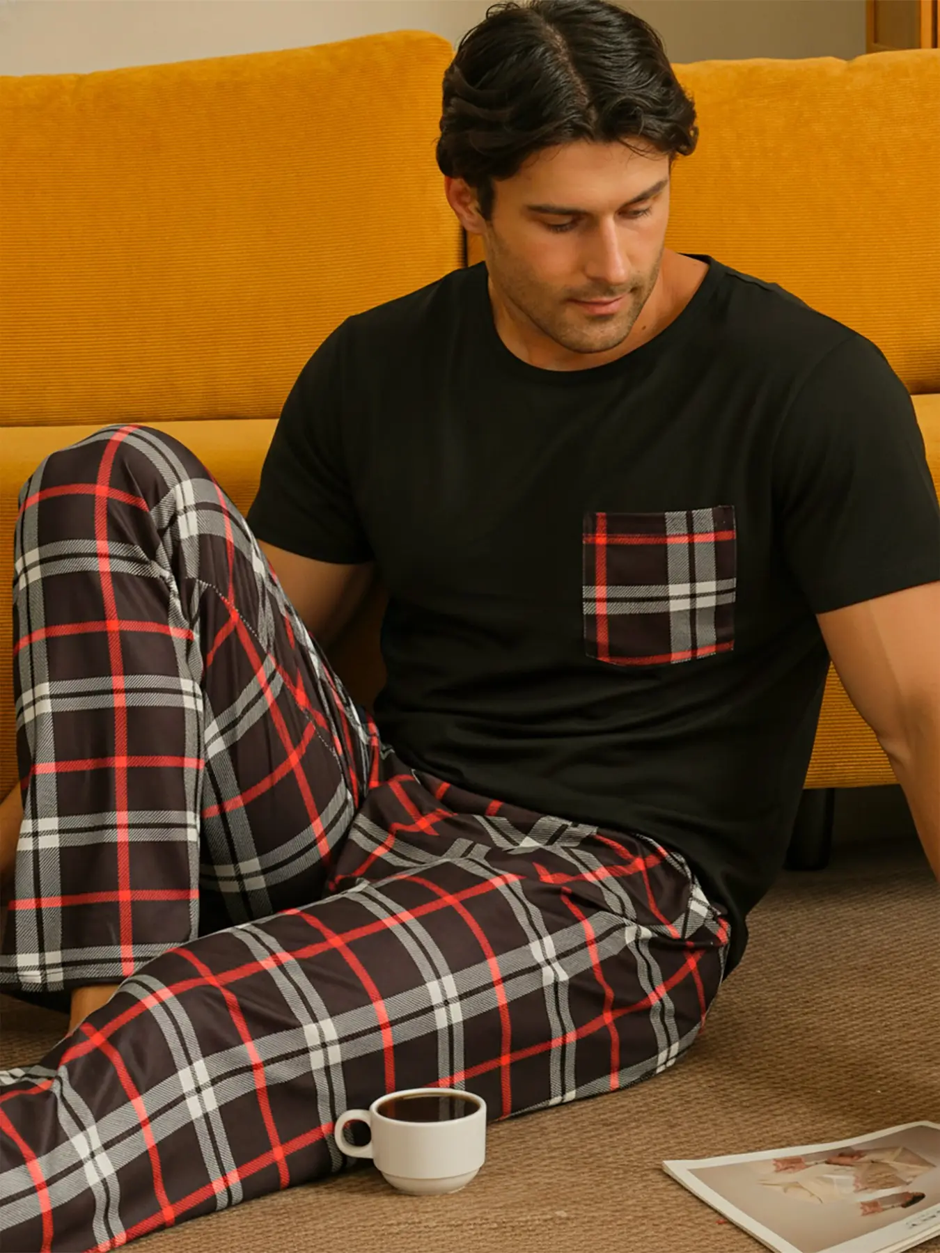 Men's Two-Piece Short Sleeve Long Pants Pajama Set, Comfortable Casual Plaid Home Wear, Ideal for Relaxing and Sleeping, Cozy Nightwear Pyjamas, Pjs Loungewear