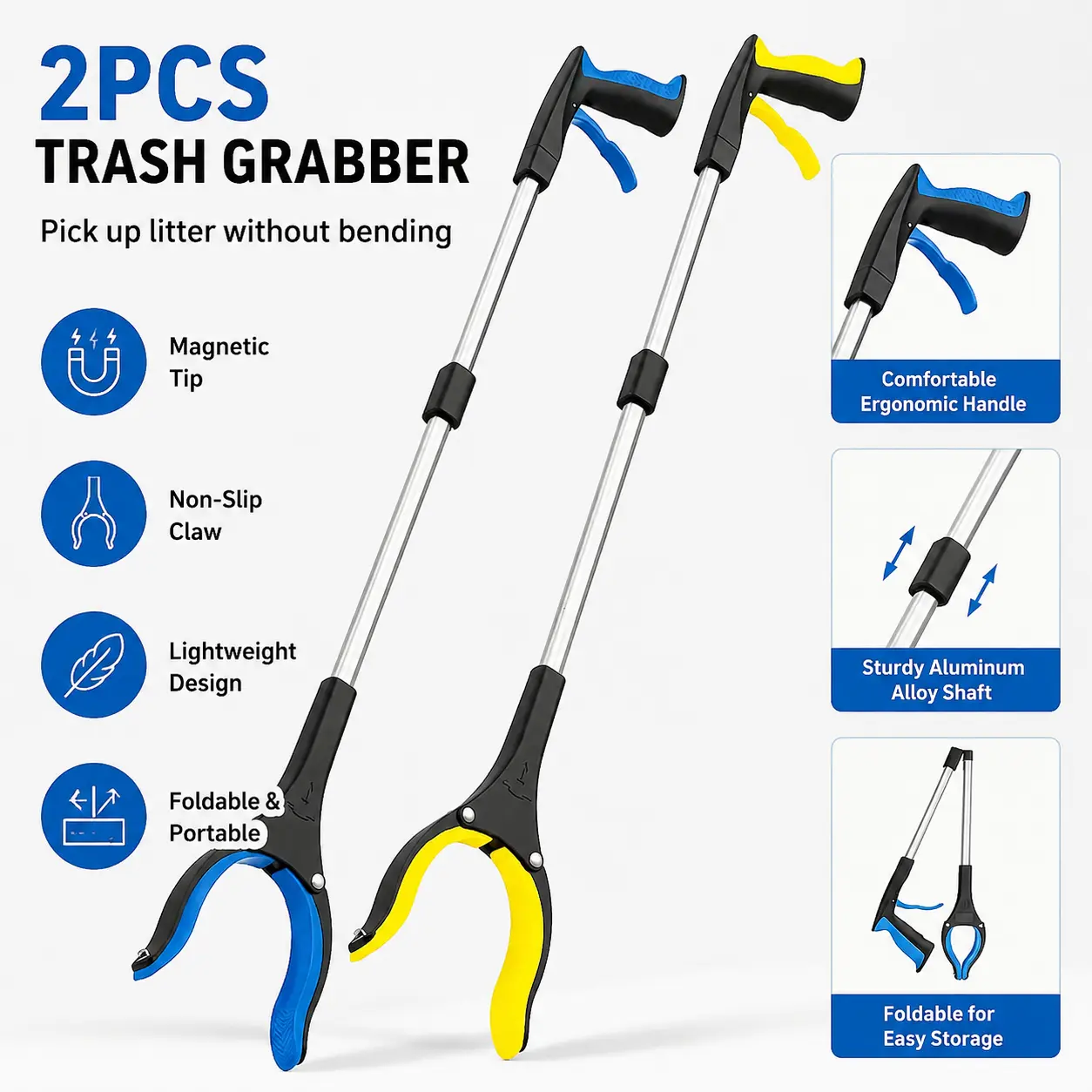 Two-piece Grabber Reacher Tool - 32" Extra Long Foldable Gripperand Reaching Tool - Heavy Duty Pick Up Stick Grabbersfor Seniors, Trash, Surgery Recovery Must Haves Gifts