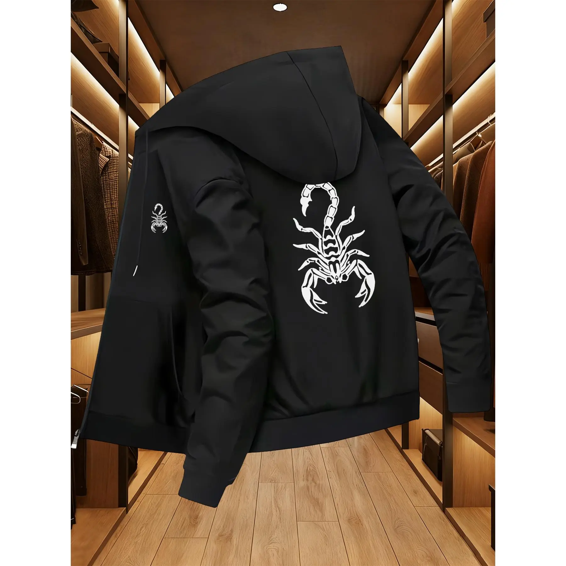 Men's hooded jacket, scorpion-style logo print, casual business style, youth casual sports hooded jacket