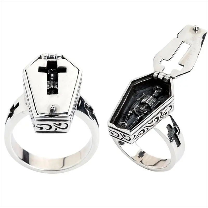 Vintage Halloween Vampire Skull Flip Coffin Men's Ring Gothic Punk Steam Motorcycle Y2K Party Gift Jewelry