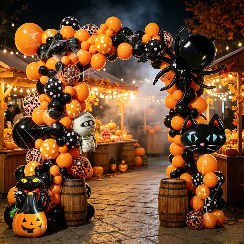 Halloween Theme Balloon Arch Set, Spider, Cat, Pumpkin, Mummy Aluminum Foil，Black，orange latex balloons, no spider websSuitable for Halloween yard decorations, outdoor market setups, kindergarten children’s Halloween parties, and children’s trick-or-trea