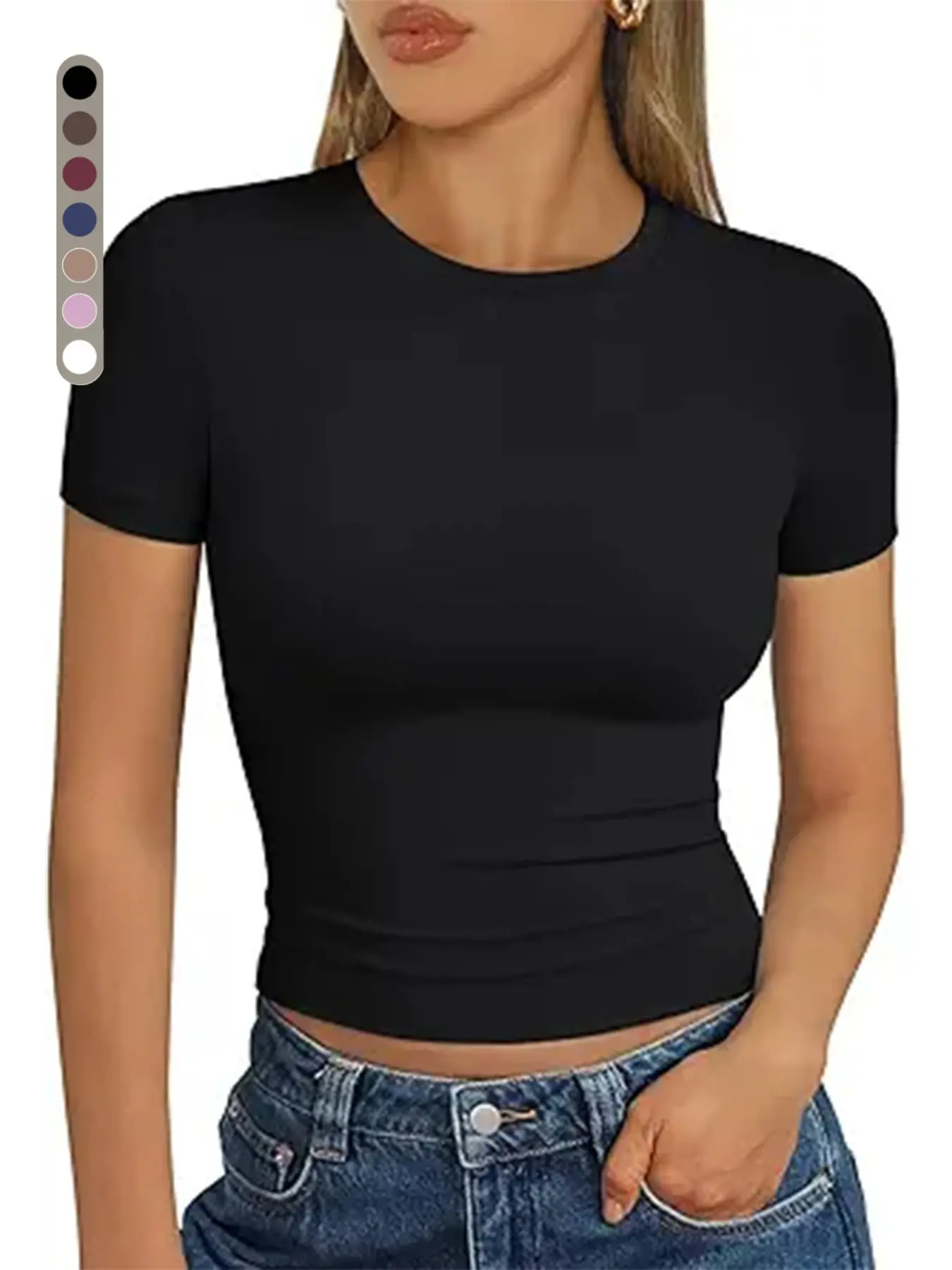 Essential Solid Crop Tee, Flattering Tight Fitted T-Shirt, Sporty Short Sleeve Top, Minimalist Everyday Wear, All Seasons, Athleisure Style, Athleisure Clothes