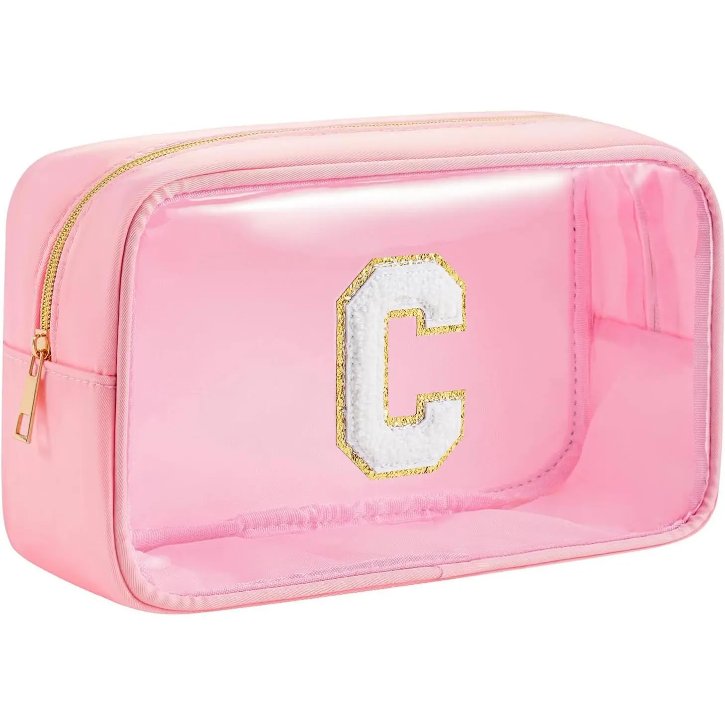 Personalized Initial Clear Makeup Bag Cosmetic Bags Travel Toiletry Bag Essentials Emergency Pouch Gifts for Girls Girlfriend Kids Birthday Graduation Teacher (Pink C)