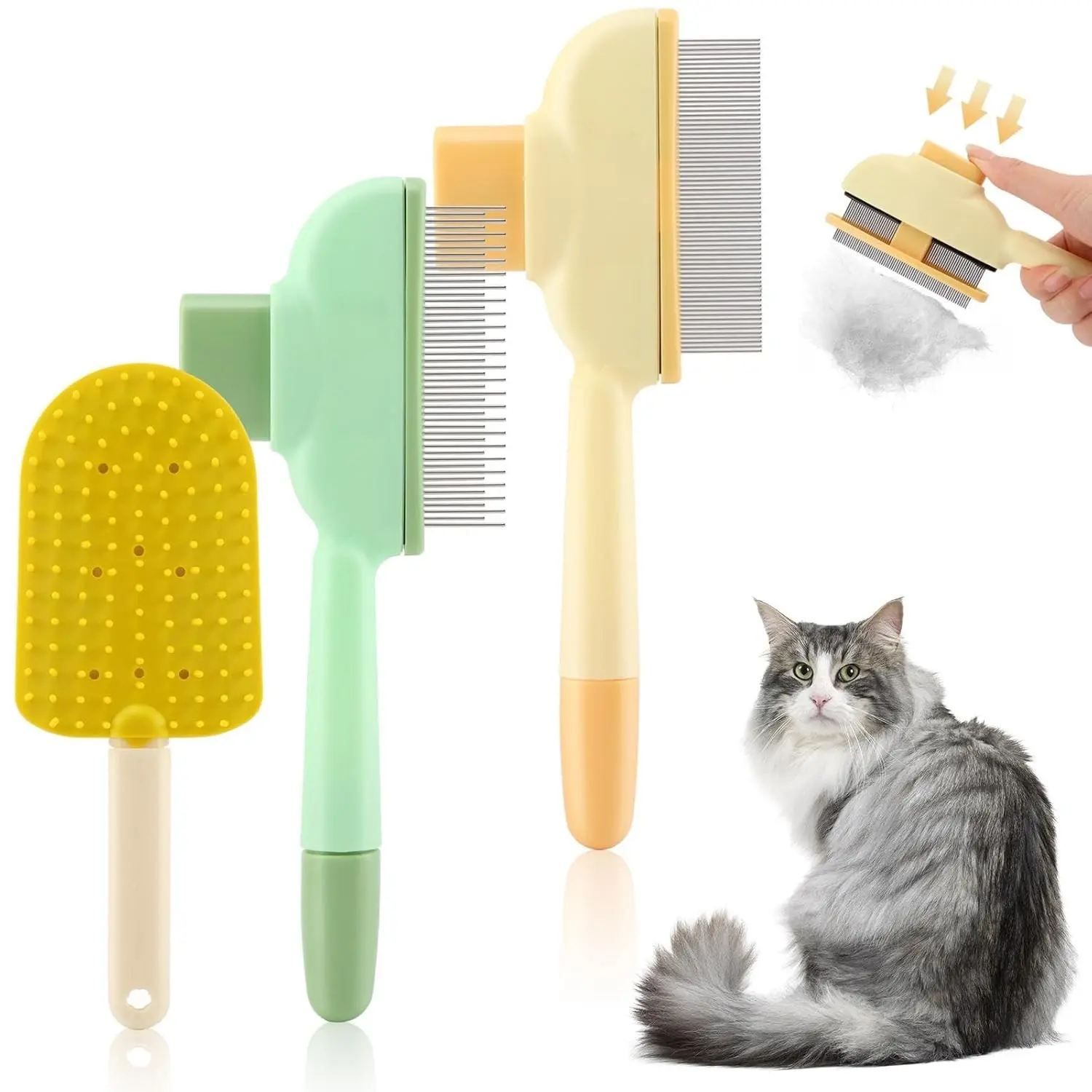 3 Pcs Long & Short Stainless Steel Teeth Deshedding Brush Grooming Flea Comb Pet Hair Removal Tools Cat Combs for Indoor Cats