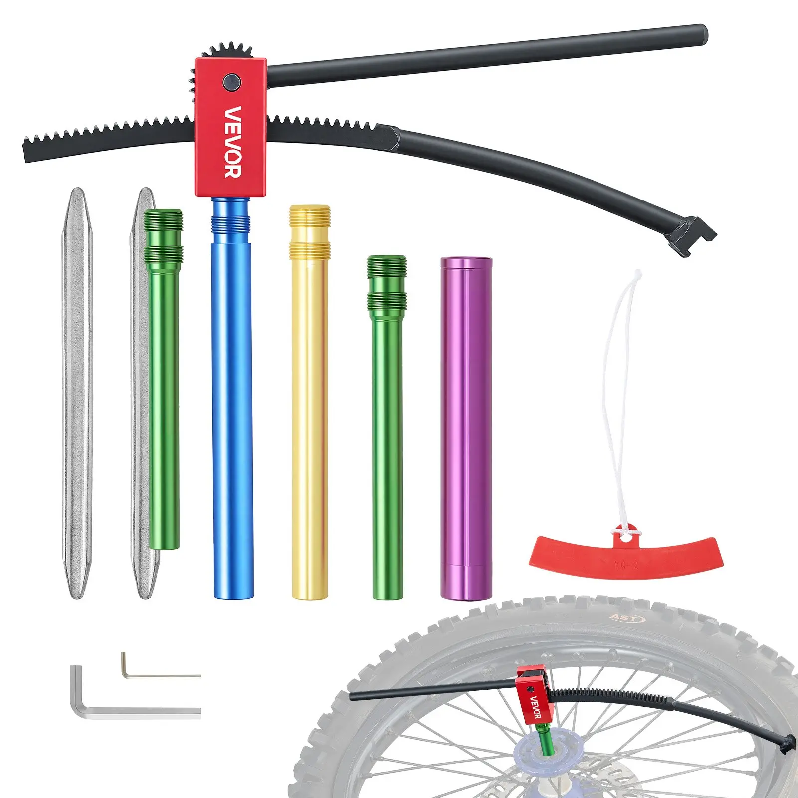 【DealsForYouDays】VEVOR Heavy Duty Handheld Motorcycle Tire Changer Kit, Compact Easy-Store Tool Set for Motocross Enthusiasts (16"-21" Tires), 15-25 mm Axle Adapters, 2 Irons, Rim Protection Sleeve, Reduced Pinched Tube, Tire Changing Kit