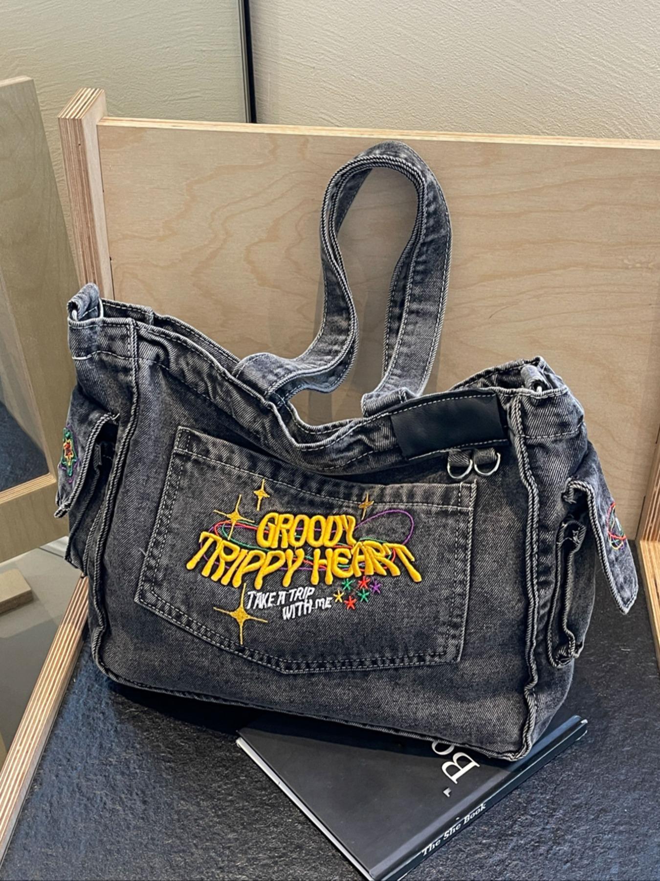 College student tote bag for girls large capacity denim trend new style one-shoulder crossbody handbag niche design backpack, college, outdoor, sports, travel, outing, shopping, vacation, vacation, fashion niche design, women bag