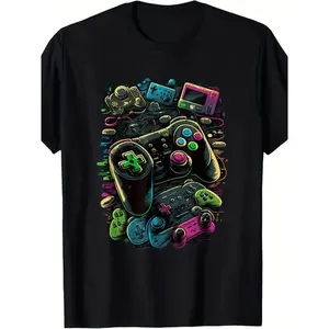 Men's & Unisex Retro Gaming T-Shirt with Iconic Controller Print - Short Sleeve Crew Neck Casual Tee Suitable for Daily Wear, Gym, Training & Gaming Sessions, Machine Washable Comfortable Fit for All Seasons, Nostalgic Streetwear Menswear Basic Print Soft