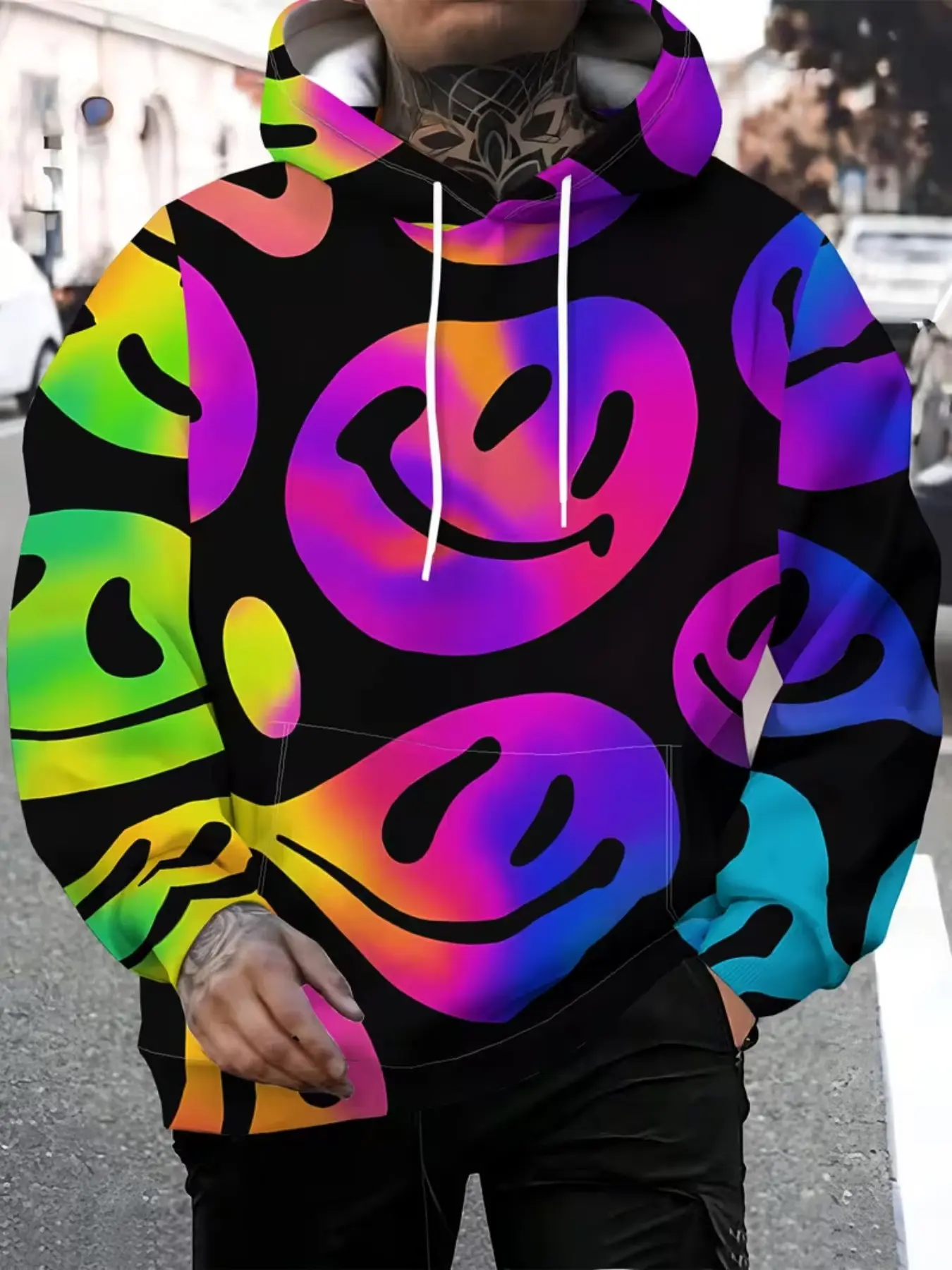 American Vintage Laser Smiley Print Hoodie, Unique Hip-Hop Loose Drawstring Cap, Casual Long Sleeve Pullover, All Seasons Wear