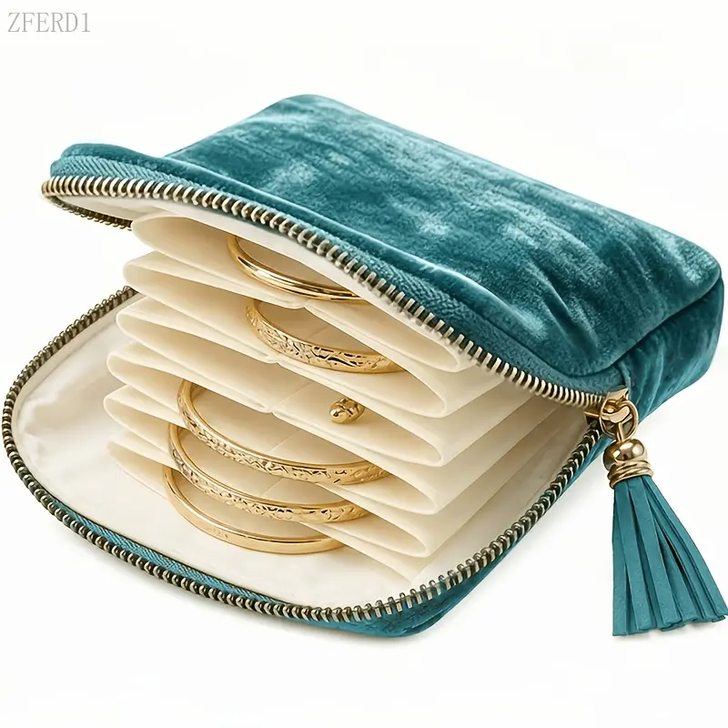 Velvet Travel Jewelry Pouch, Multi Layer Accordion Bracelet Storage Bag with Tassel Zipper for Bangle Storage